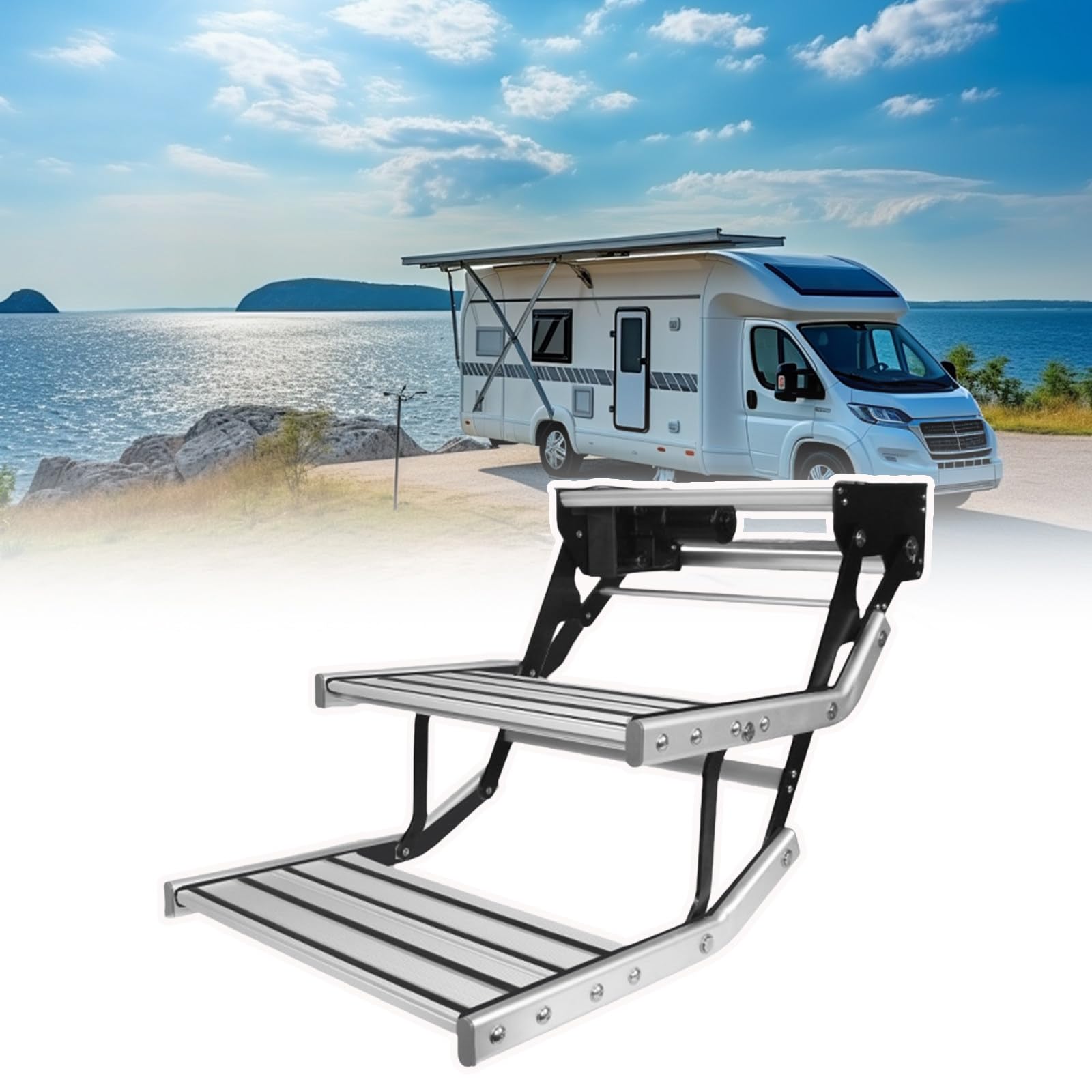 WIANQIAN Telescopic Folding RV Entry Stair, RV Step Camper Stair, Foldable Manual Electric RV Steps, Aluminum Alloy, Strong Spring, For Rv Campervan Motorhome Rv Travel Trailer Double-layerelectric