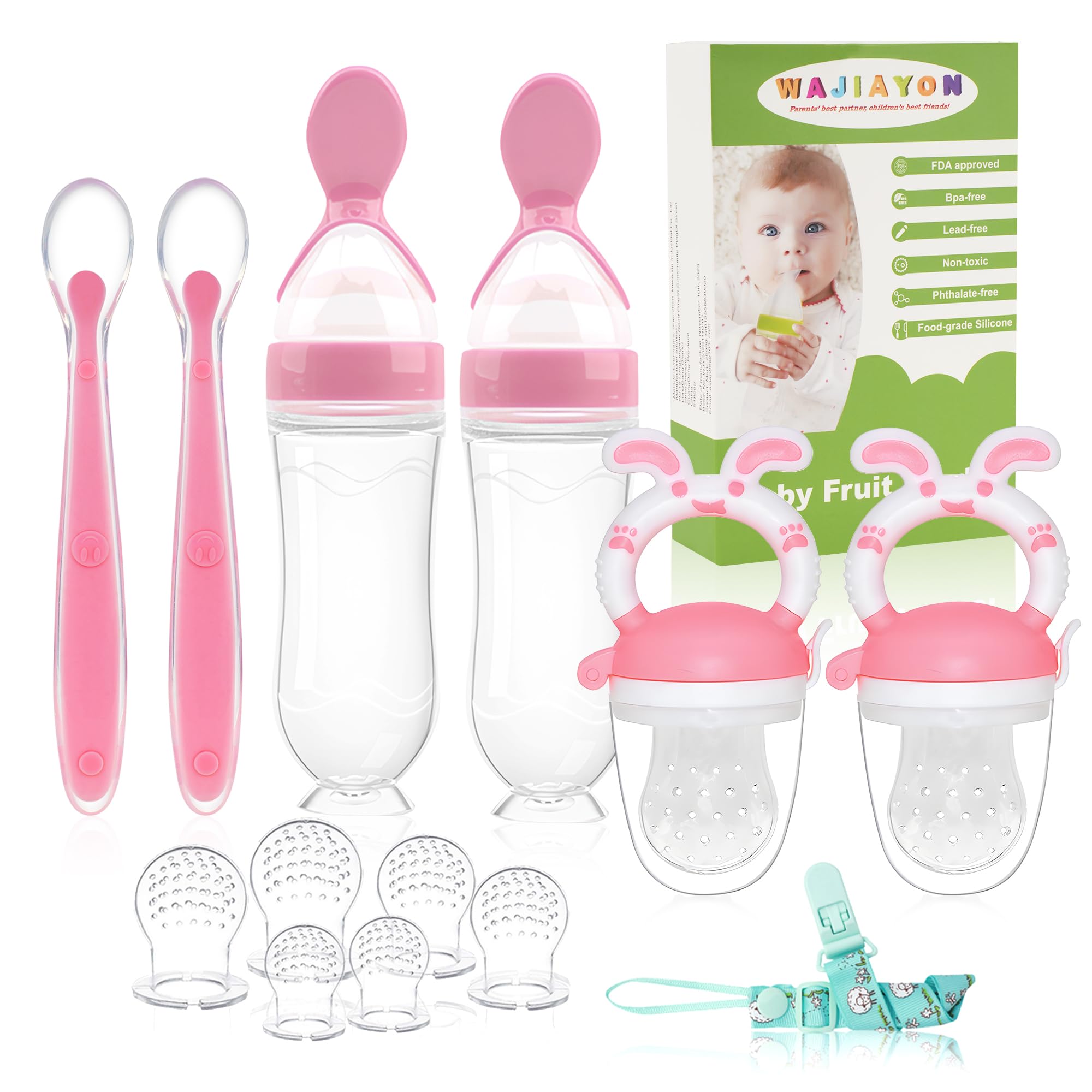 WAJIAYON Baby Fruit Feeder Pacifier - 6 Pack | 2 Baby Fruit Food Feeder Pacifier & 2 Baby Food Dispensing Spoon | Fresh Fruit Teethers for Babies | Silicone Feeder Baby,Mesh Baby Feeder (Pink-Rabbit)