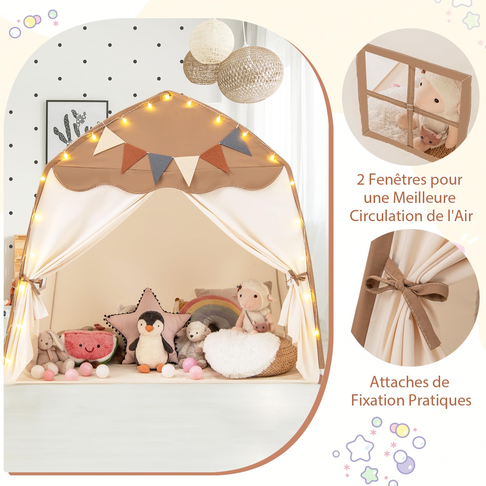 COSTWAY Tente de Jeux Enfant avec Guirlandes Lumineuses & Drapeaux, Cabane Enfant Interieure avec Fenêtres & Tissu Lavable, Style Princesse pour 3 Enfants de 3-12 Ans, 157x98x148cm (Beige + Café)
