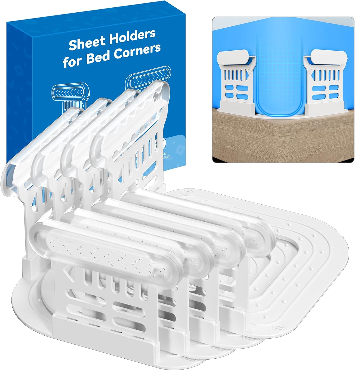 Sheet Holders for Bed Corners – Plastic Fasteners Keep Sheets Firm & Tight, Secure Fitted Sheet Holders for Corners, Durable Bedding Clips (White, 4-pcs)