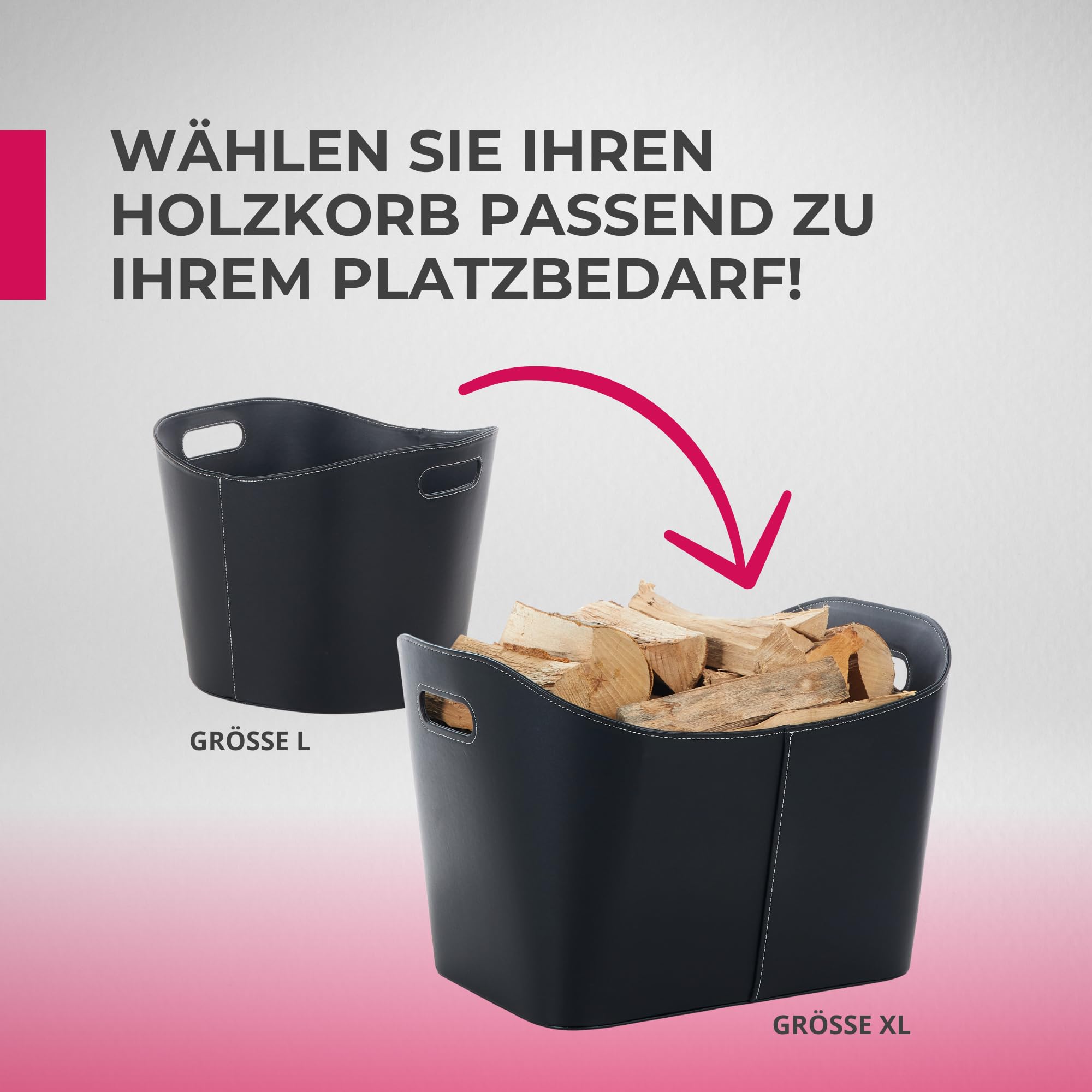 SULENO Holzkorb WEXFORD Brennholzkorb Kunstleder, L - 31,5 x 39,5 x 38 cm | schwarz, Kaminholz, Kaminholzkorb