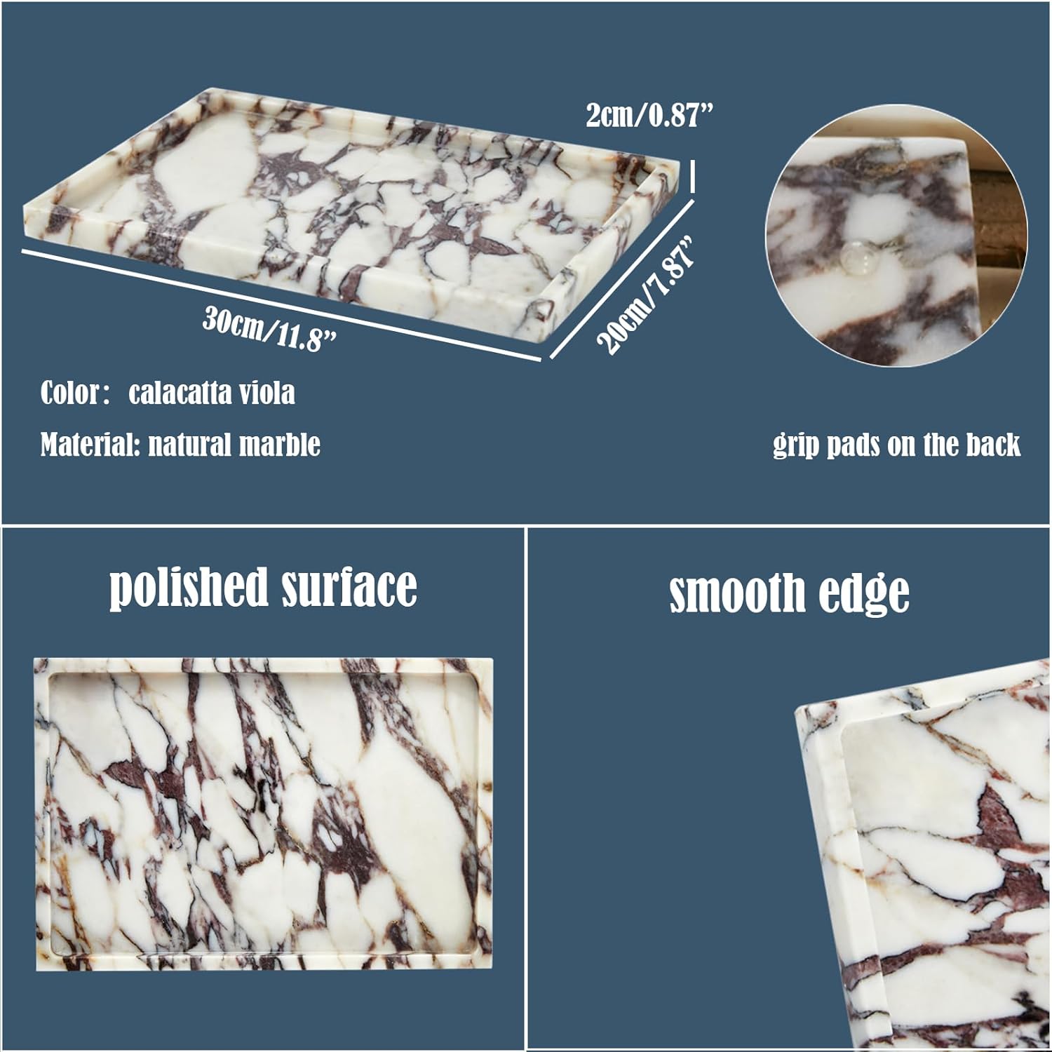 Denique Natural Marble Vanity Tray for Bathroom Countertop, Stone Storage Tray for Home Decor, 12"x8" Genuine Calacatta Viola Marble Perfume Jewelry Organizer for Kitchen Dresser - Image 2