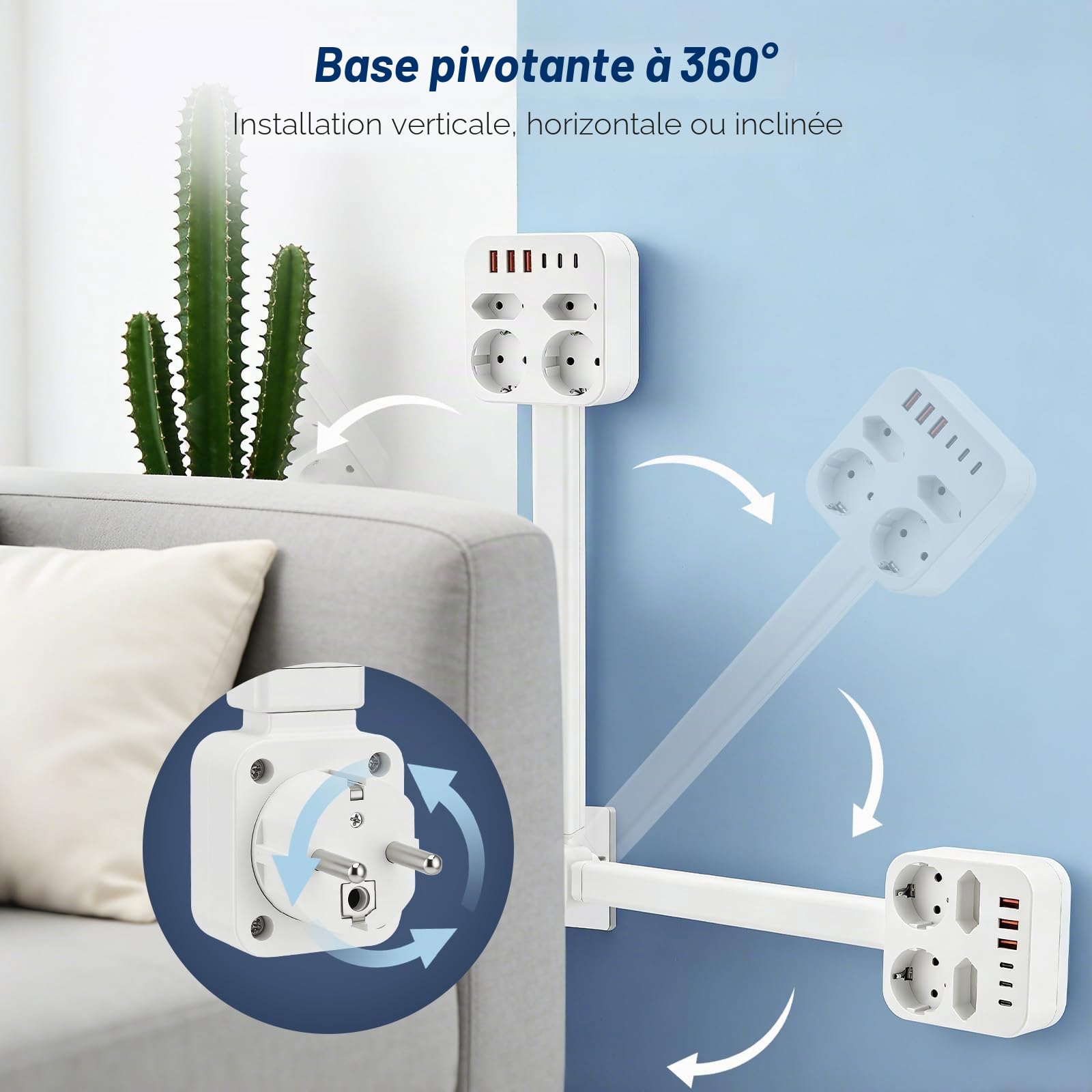 Multiprise extensible rectangulaire - Rallonge de prise - Barre extensible (47-67 cm) - 4 prises - Charge rapide USB-A & USB-C - Pour la maison et le bureau