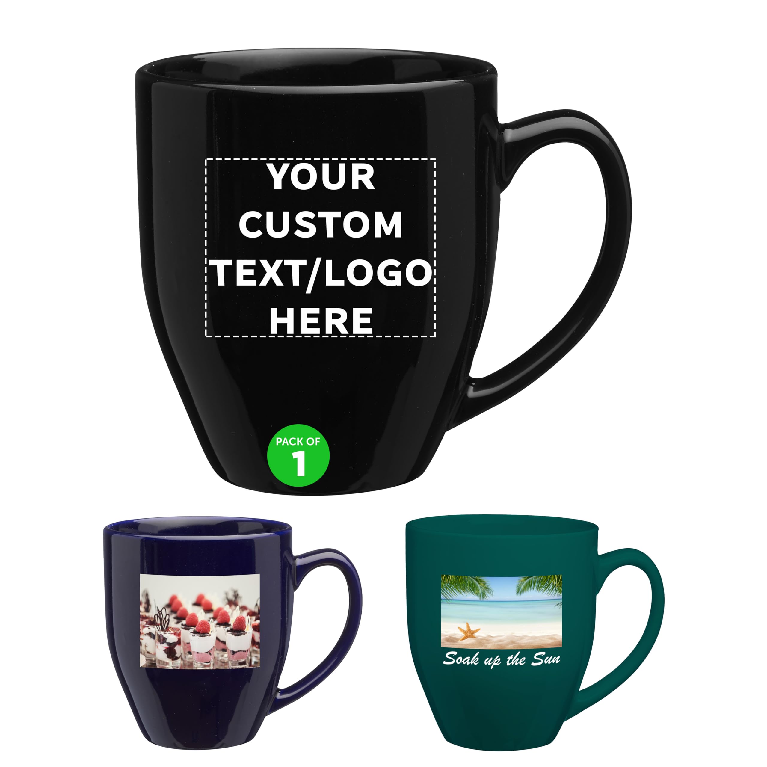 Custom Large Coffee Cups 16 oz. Set of 1, Personalized Bulk Pack - Perfect for Tea, Espresso, Cappuccino, Hot Cocoa - Black