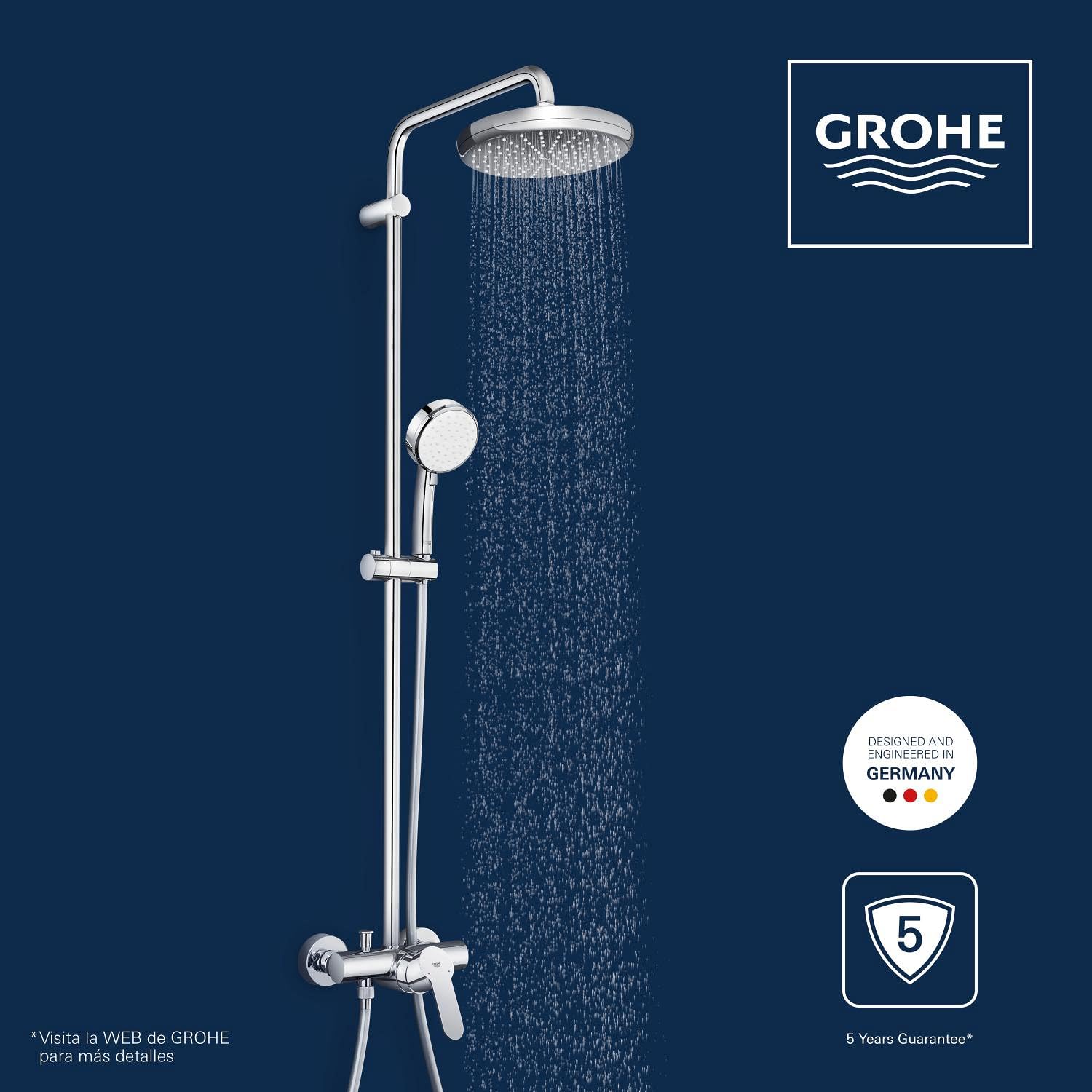 GROHE Tempesta Cosmopolitan 210 - Columna de ducha con monomando (montaje en pared, brazo de ducha de 390 mm, altura ajustable, sistema antical), cromo, 26224001
