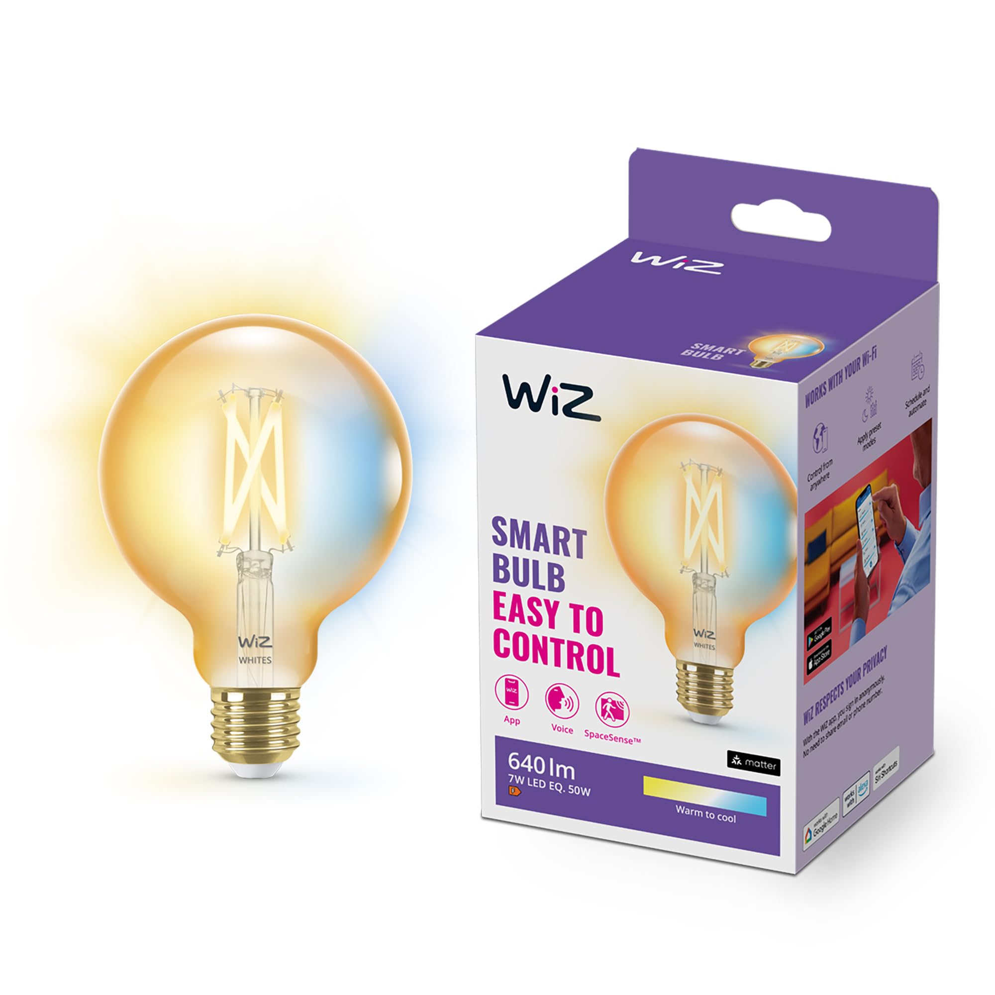 WiZ Tunable White Amber LED Lampe E27 (640 lm), 50 W Filament Lampe im Vintage Design mit bernsteinfarbenem dimmbarem Licht, smarte Lichtsteuerung über WLAN per Stimme/App