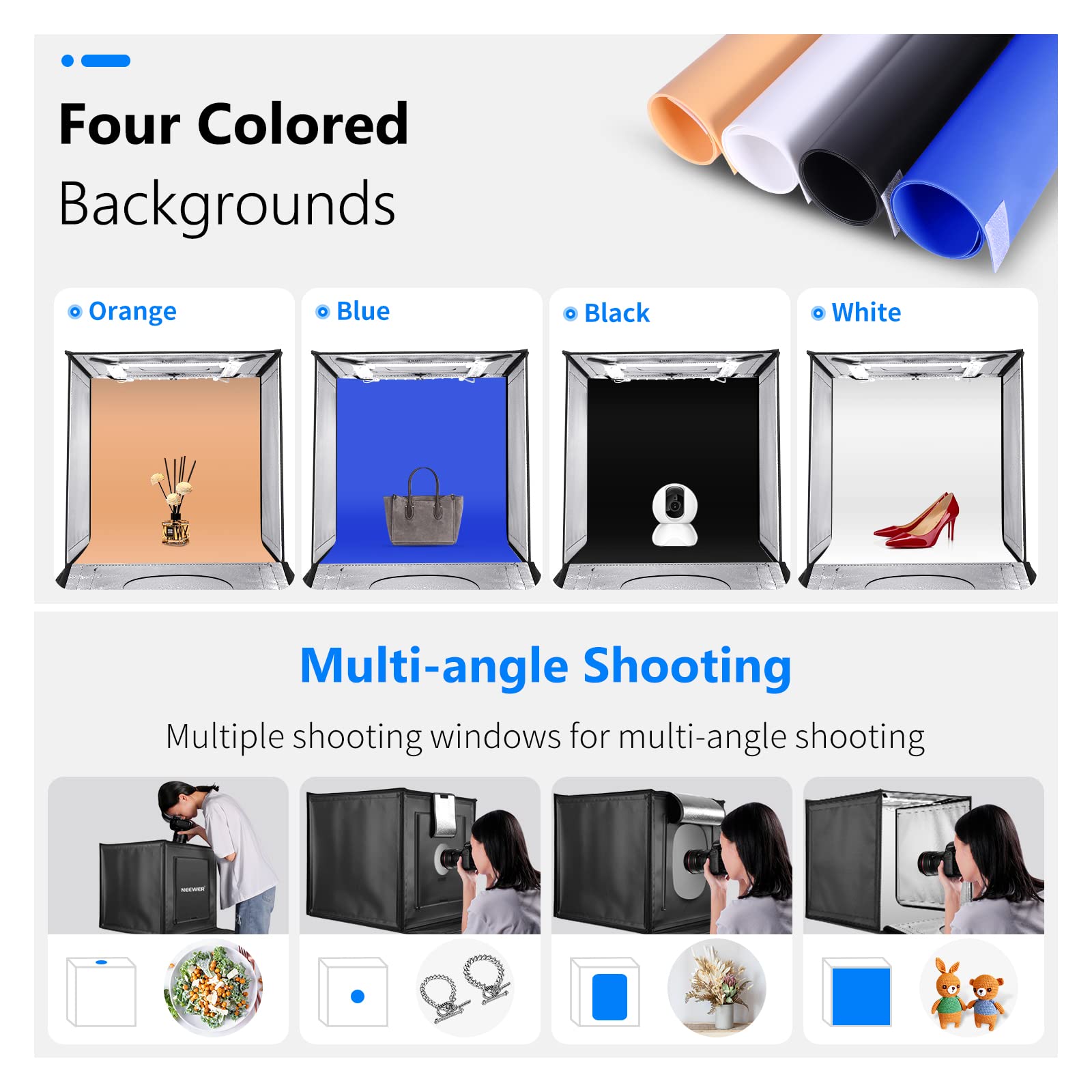 NEEWER 24 Zoll Fotolichtbox – Faltbar, Mit 120 LEDs, 4 Hintergründen, Für Produktfotografie