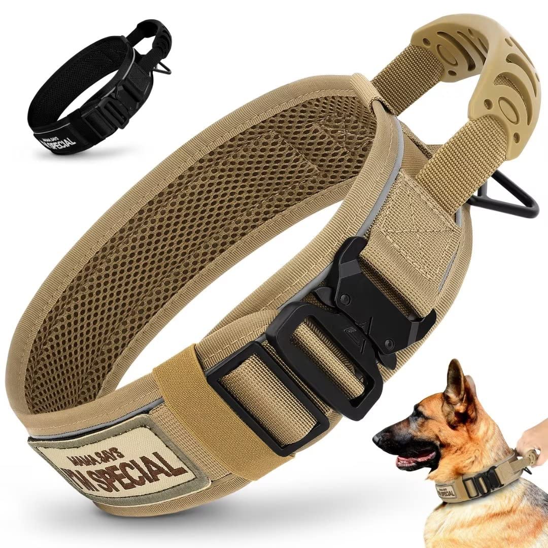 Beirui 2.5 Inch Tactical Dog Collar with Handle,Heavy Duty 6.5cm Wide Dog Tactical Collar with Strong Metal Buckle,Reflective Military Dog Collar with Patches for Medium Dogs,Khaki,Neck fit 16-19"