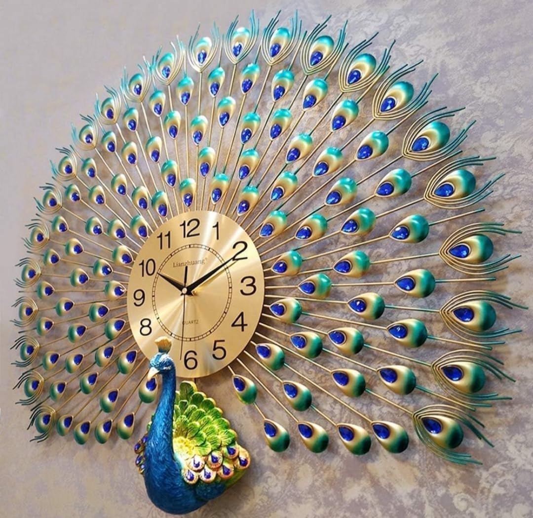 ZUAN Store Luxury Decorative Peacock Wall Clock, Large Metal Art Clock with Crystal Feathers, Turquoise and Gold-image-16