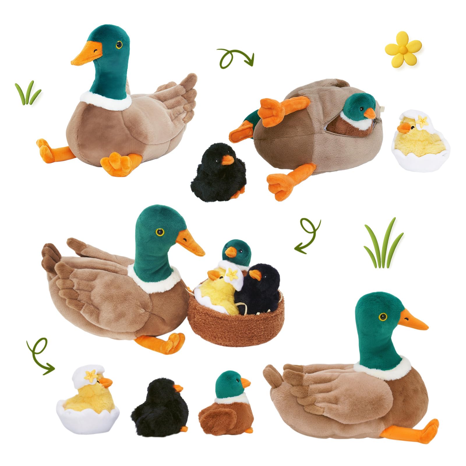OUOZZZ Mallard Duck Teddy & Duck Toy Set - Soft Plush Mummy & Three Ducklings - Cuddly Gift for Kids, Family-size - Image 4