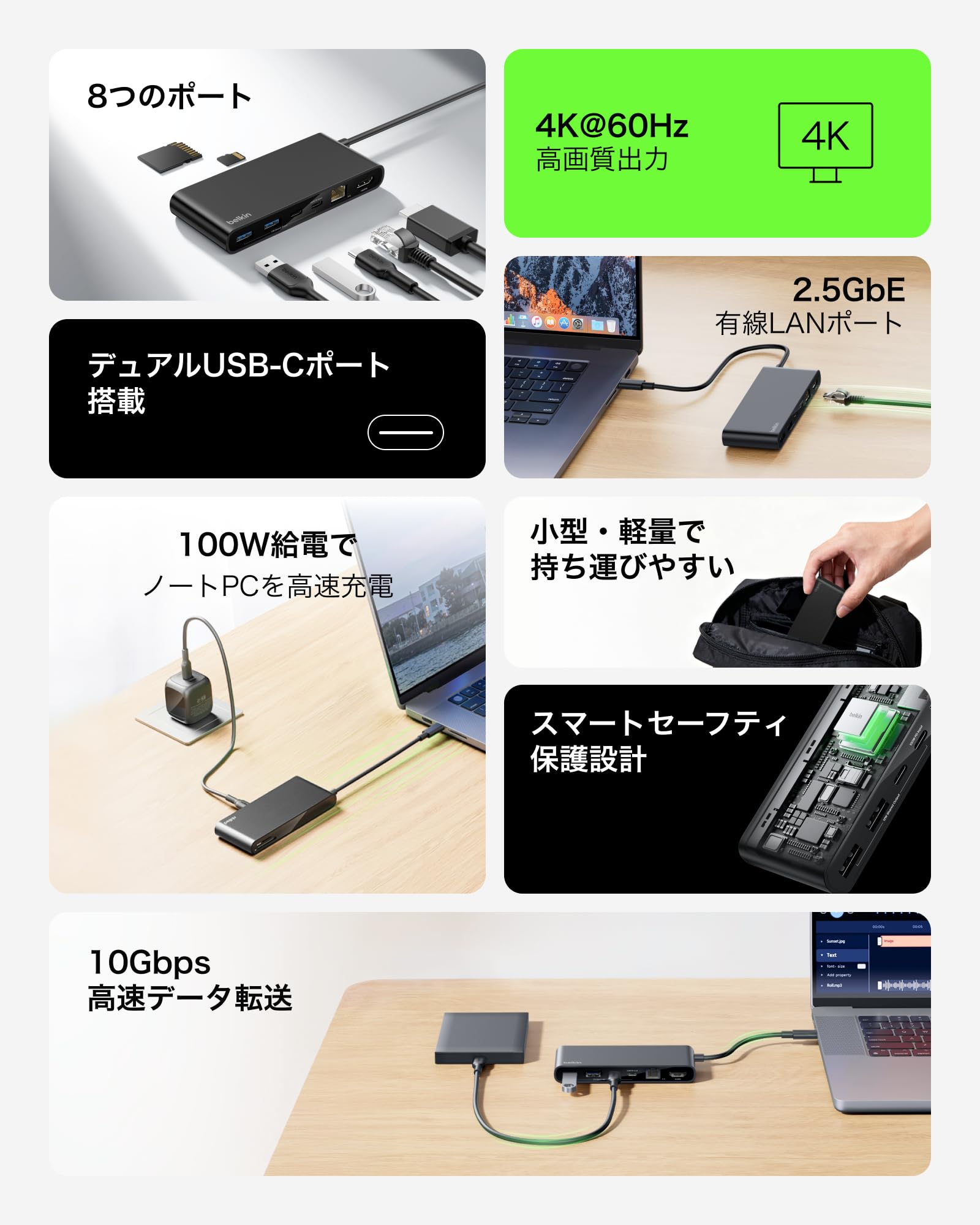 Amazon.co.jp: Belkin USB-C ハブ 8-in-1 マルチポートハブ 100W PD