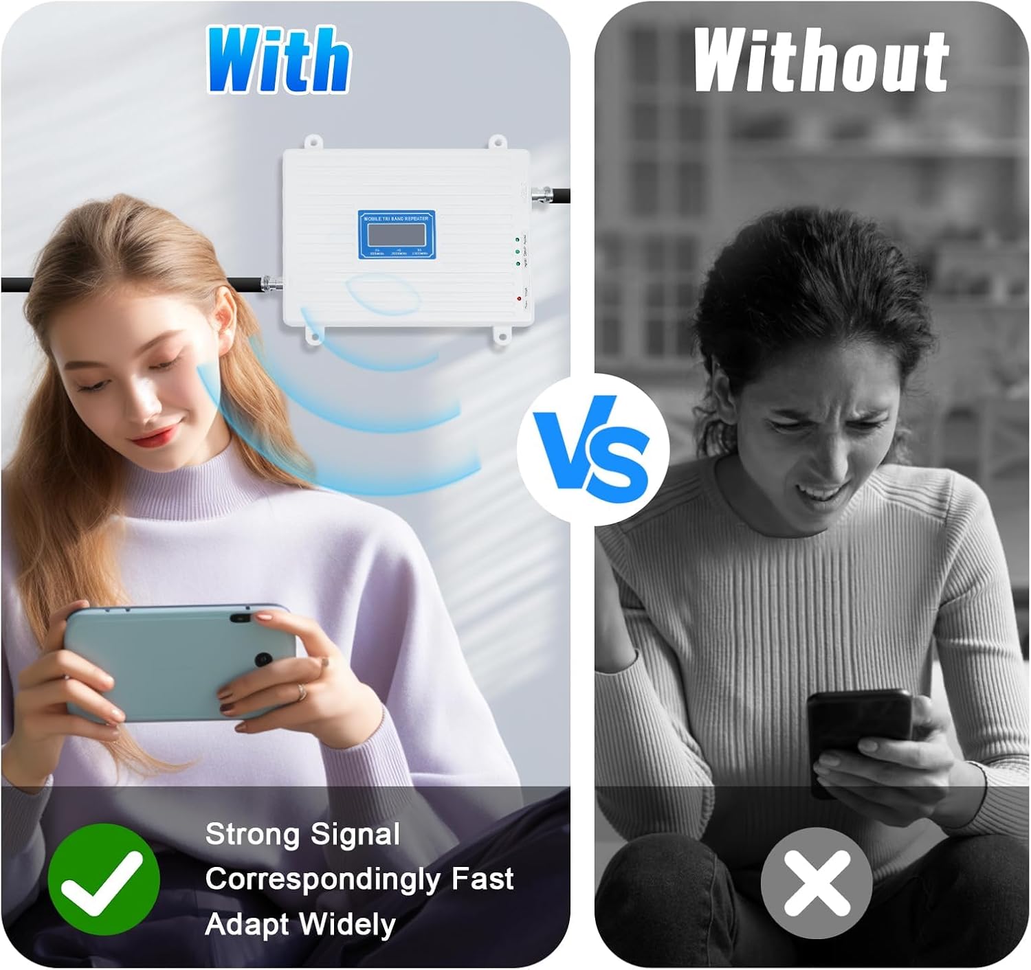 Cell Phone Signal Booster 2G/3G/4G/5G, Tri-Band Repeater with Outdoor and Indoor Antenna – Signal Amplifier for Villages Garages Basements Homes Offices, 1614 sq ft Coverage, 900/1800/2100MHz