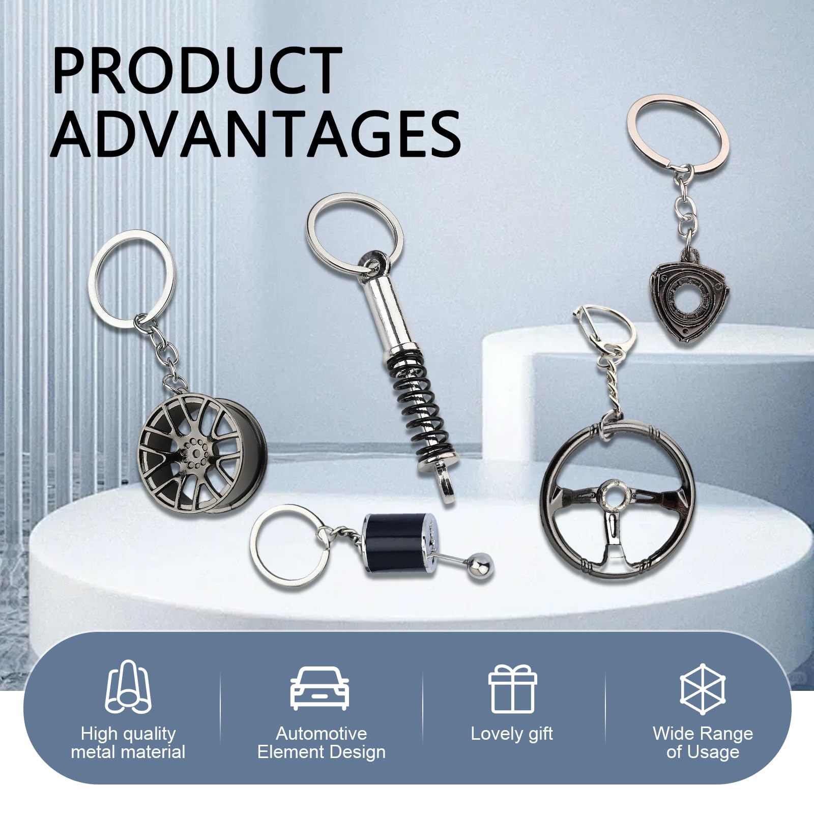 WZP 5PCS Car Keychains, Metal Car Parts Model Key Chain Kit, Steering Wheel, Tire Rim, Spring, Manual Transmission, Rotor Engine Keychain, Para Carros for Auto Lover Christmas Graduation Guy Gifts