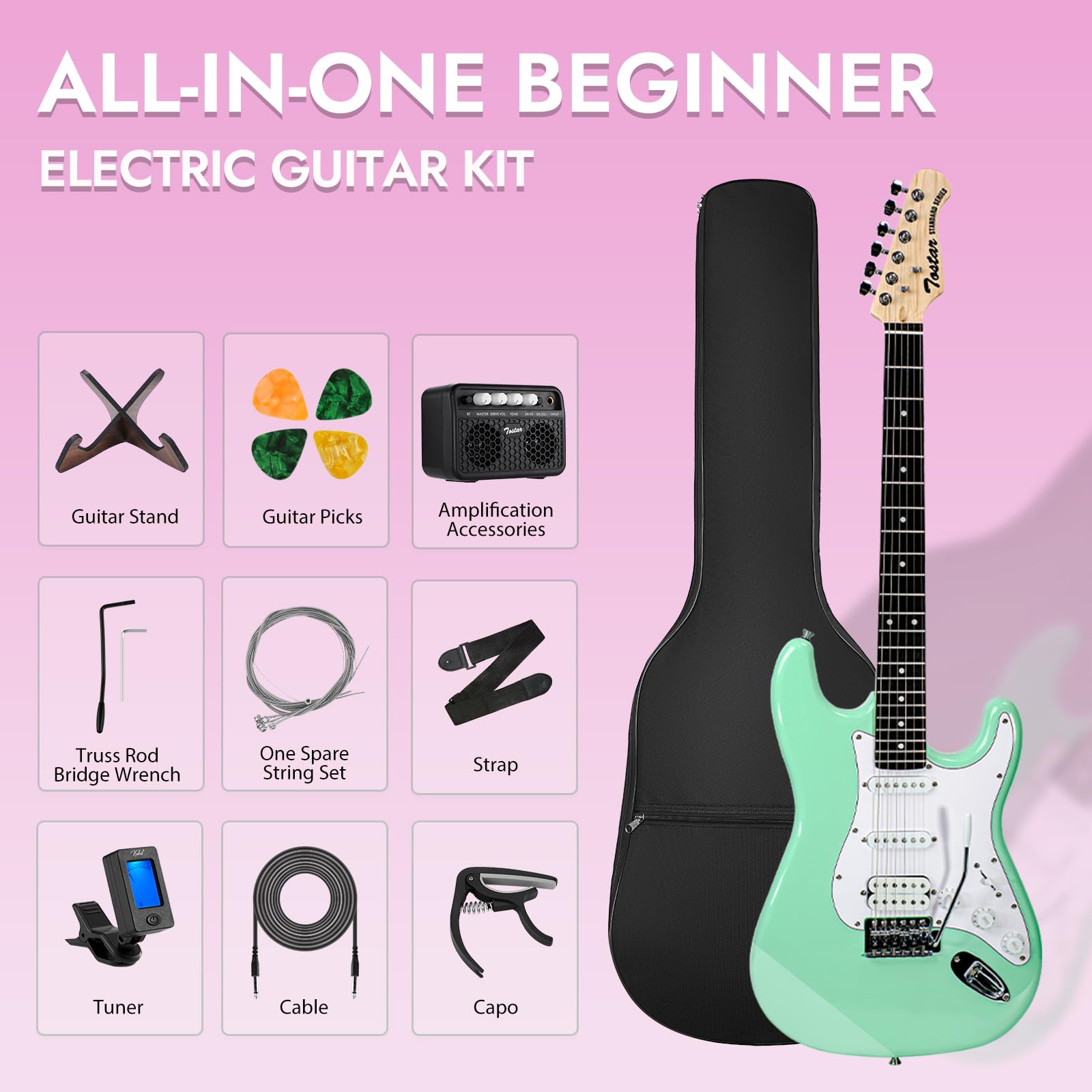 E-Gitarren-Set, 99 cm, solide Rechtshänder, E-Gitarre für Anfänger mit Verstärker + Gurte + 4 Gitarrenplektren + 6 Saitensatz + Stimmgerät + Kabel + E-Gitarrentasche, TST-220 SFG