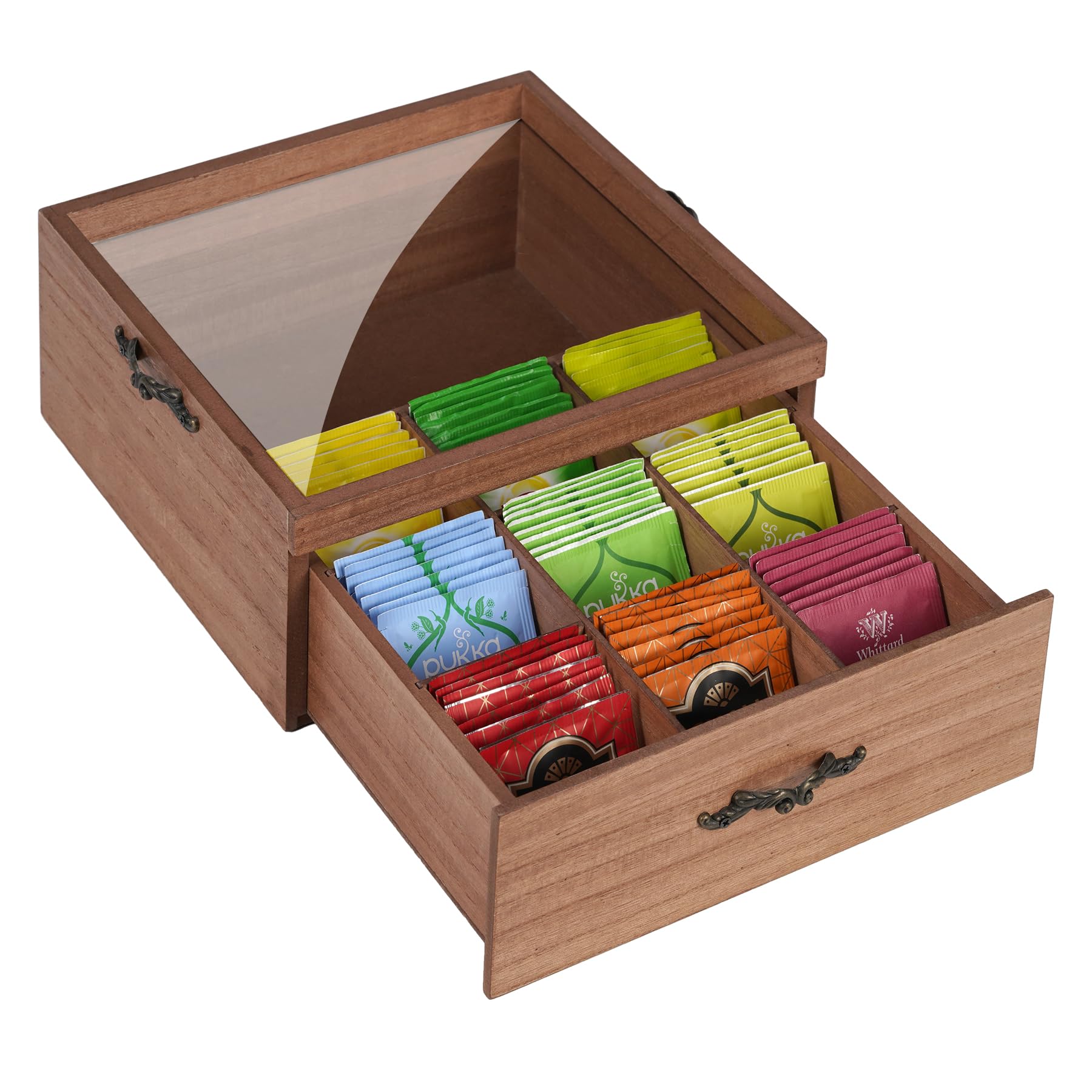 WPKLTMZ Tea Bag Organizer, Wooden Tea Box Organizer Storage Box, Tea Bag Holder with Drawer & Glass Window, Sugar Packet Holder 9 Compartments, Tea Bag Caddy Box for Home, Office, Tea Parties