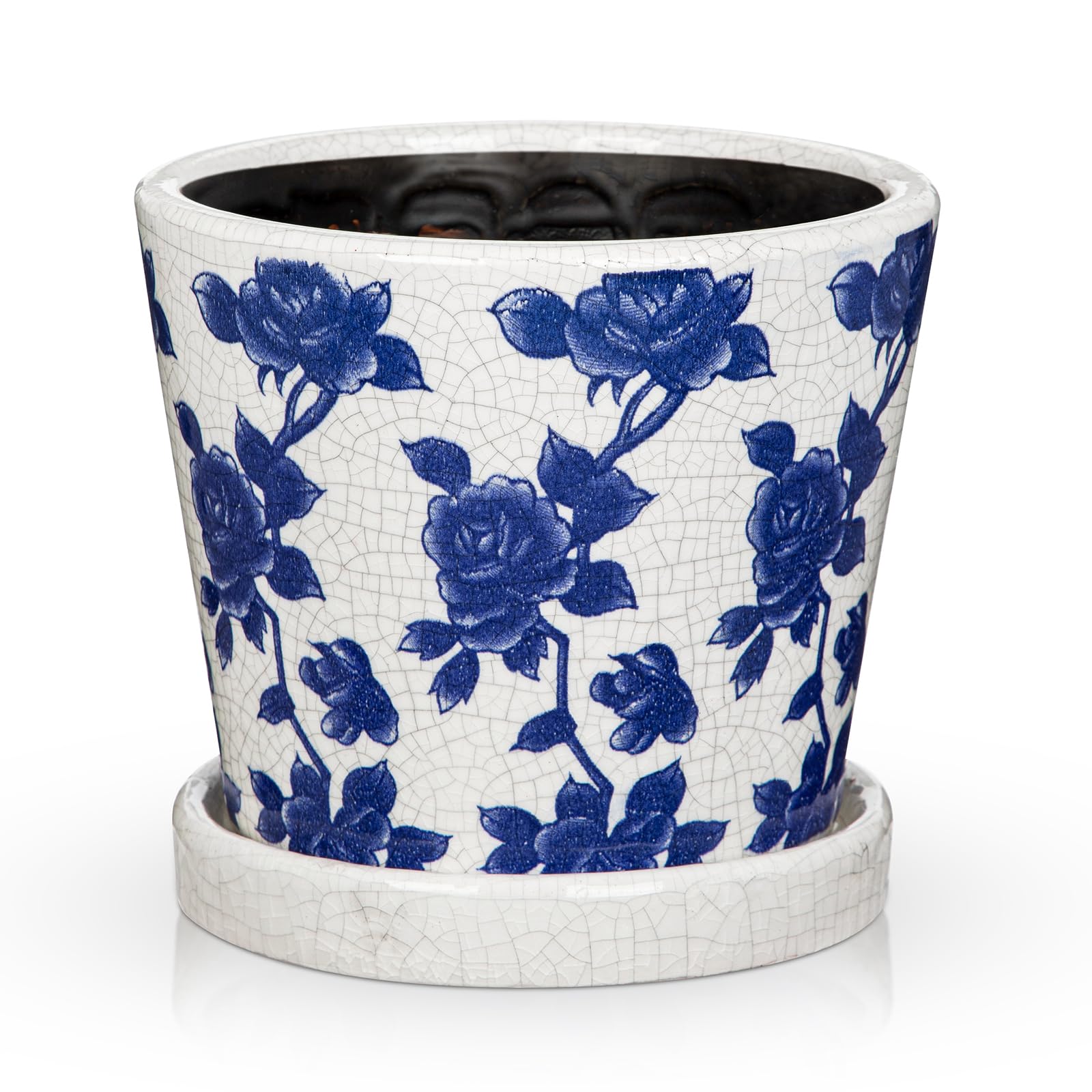 Oairse Blue and White Ceramic Plant Pot with Drainage Hole & Saucer, 14cm Flower Pot for Indoor Outdoor Plants, Crackle Glaze Porcelain Planter for Houseplants, Succulents, Herbs & Home Decor