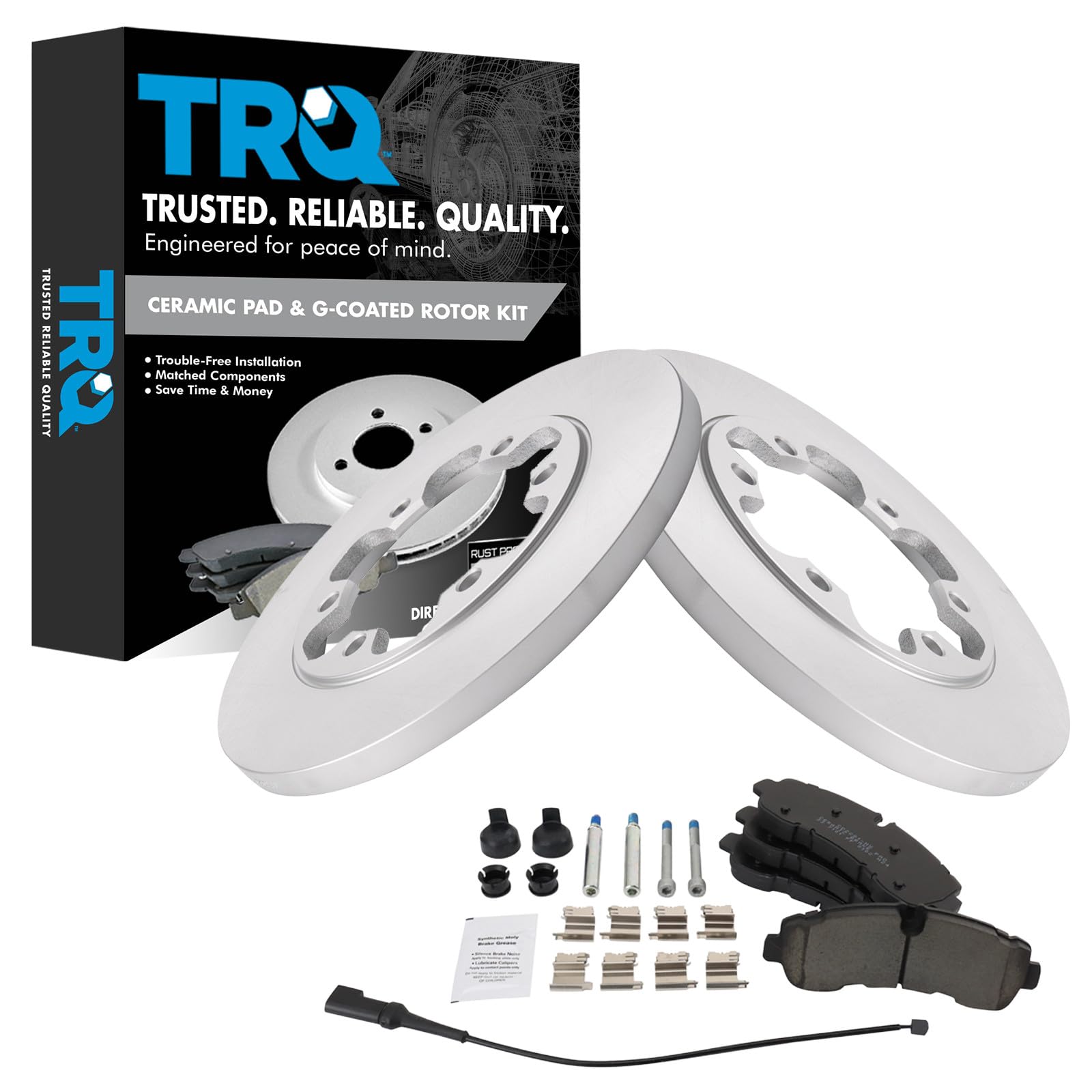 TRQ Rear Brake Pad and Rotor Set Ceramic Solid Rotors Compatible with 2020-2022 Ford Transit-350 HD