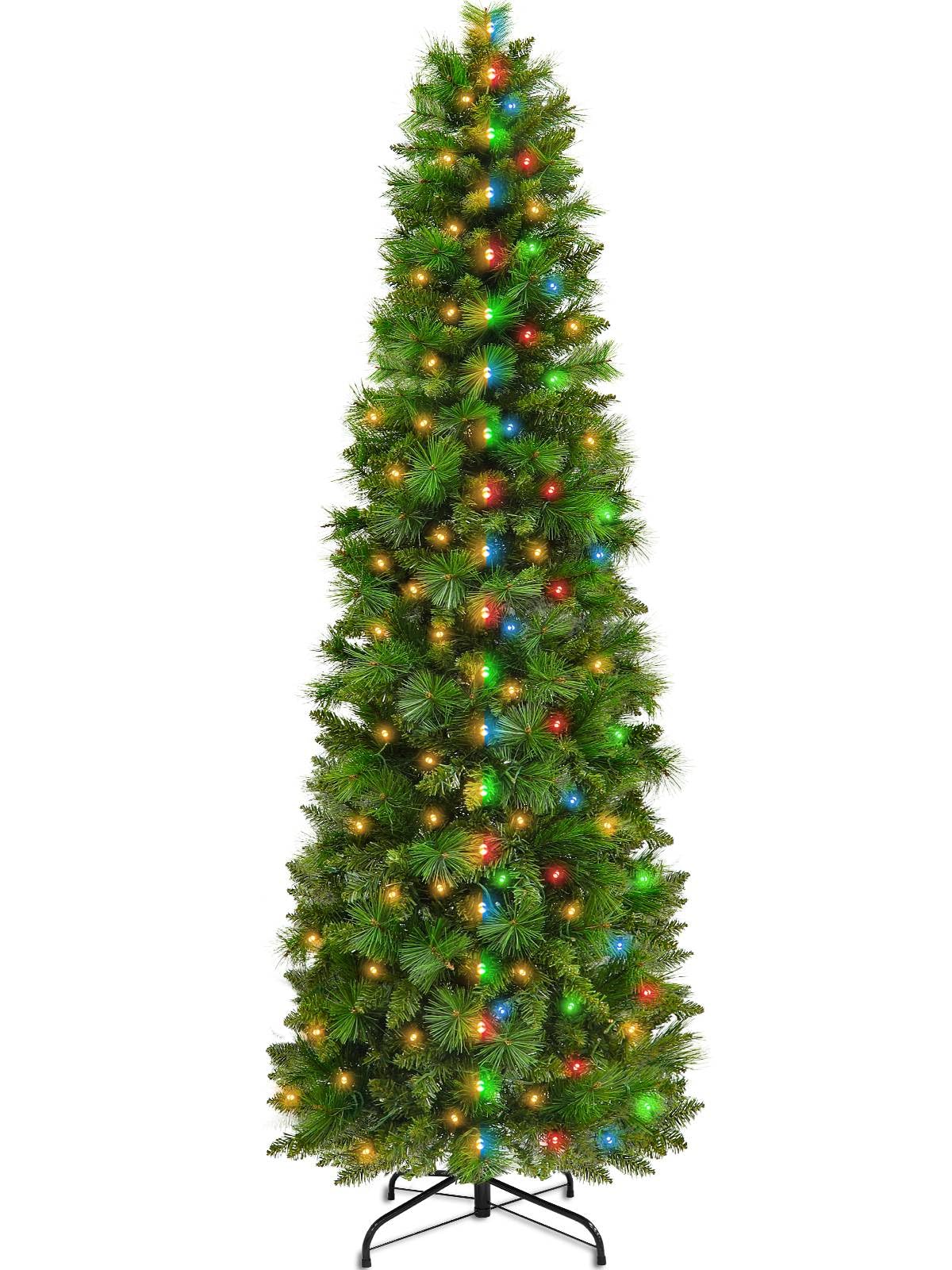 TURNMEON 6.5 Ft Prelit Christmas Tree Portland Pine Artificial Slim Pencil Tree 220 Warm White and Colorful Lights 8 Modes Timer Thick Realistic Tip Christmas Decorations Indoor Outdoor Decor Holiday