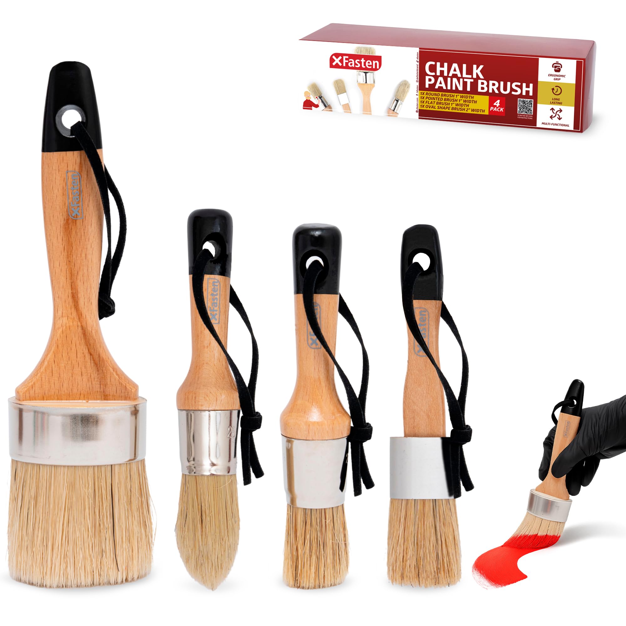 XFasten Chalk Paint Brushes for Furniture 4-Pack, 2.5 Inch Oval, 1 Inch Round, Flat and Pointed Shedding Resistant Natural Bristle Wax Brushes for