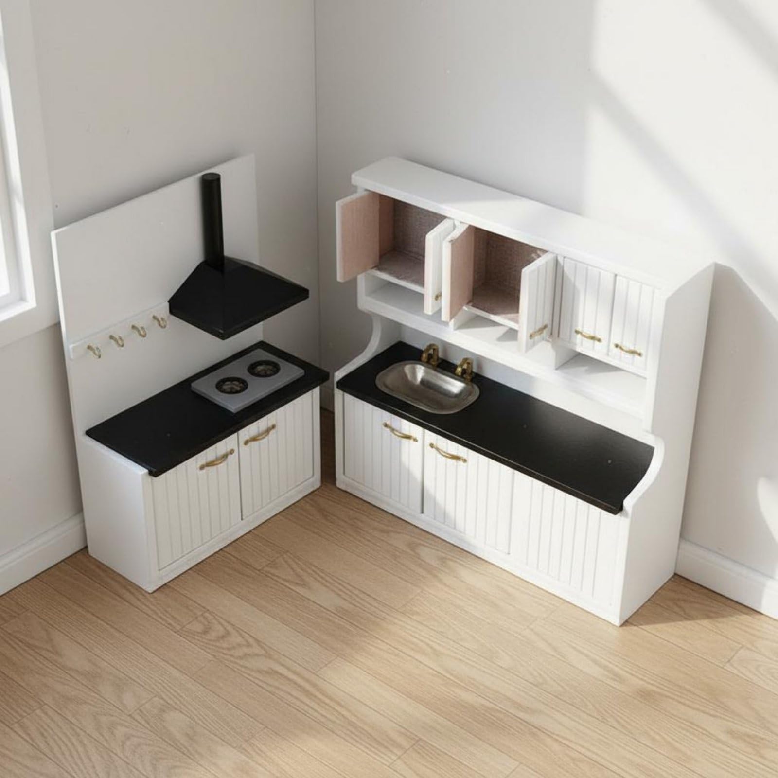 Mini Cucina Armadio Mobile Pensile Piano Cottura Cappa Arredamento Mini per Casetta 1 12 in Legno con Sportelli Apribili E Maniglie Adatta per