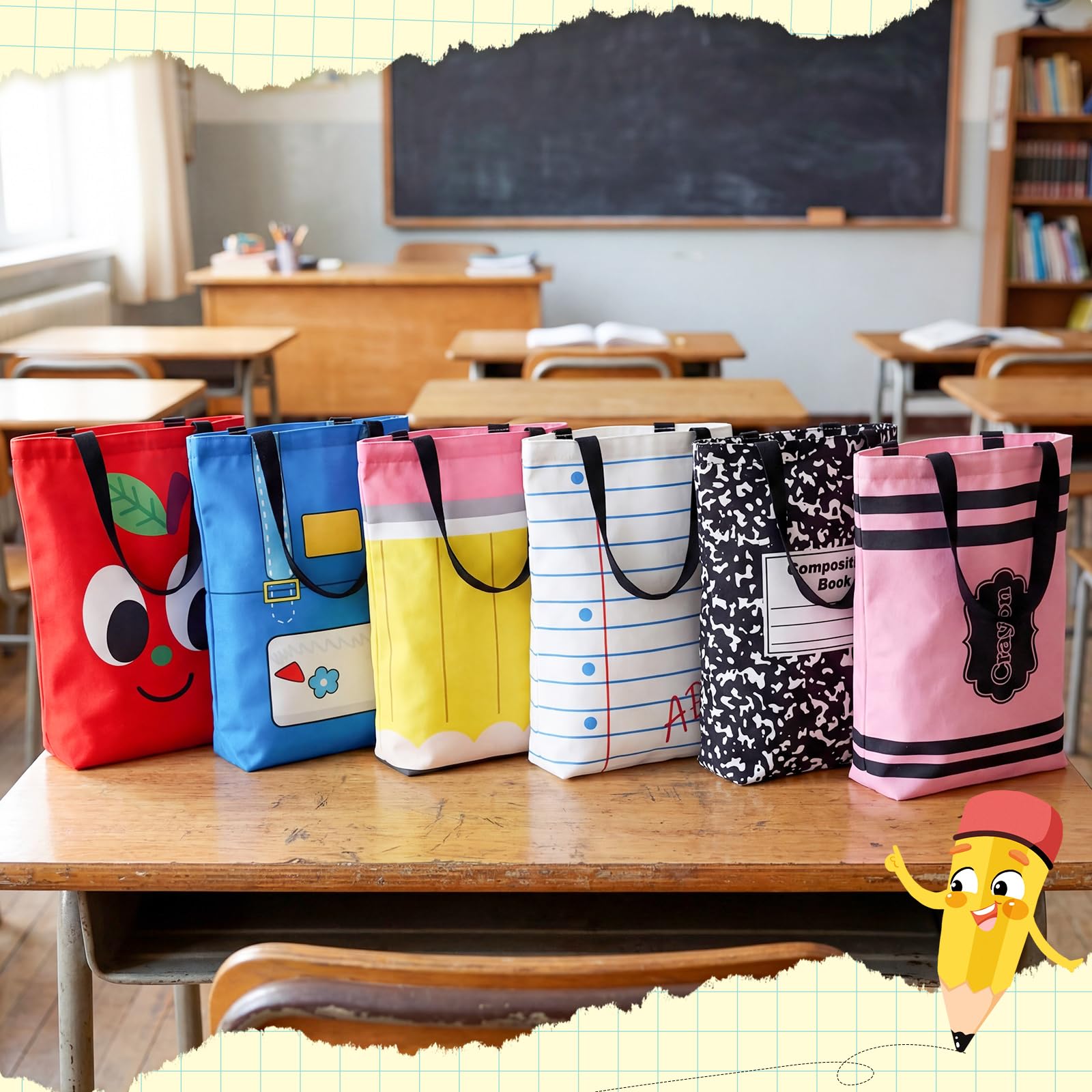 Tallew 6 bolsas de lona reutilizables con asa para lápices, cuaderno de Apple, regalos de agradecimiento para profesores, regalos de agradecimiento para mujeres, suministros de regreso a la escuela