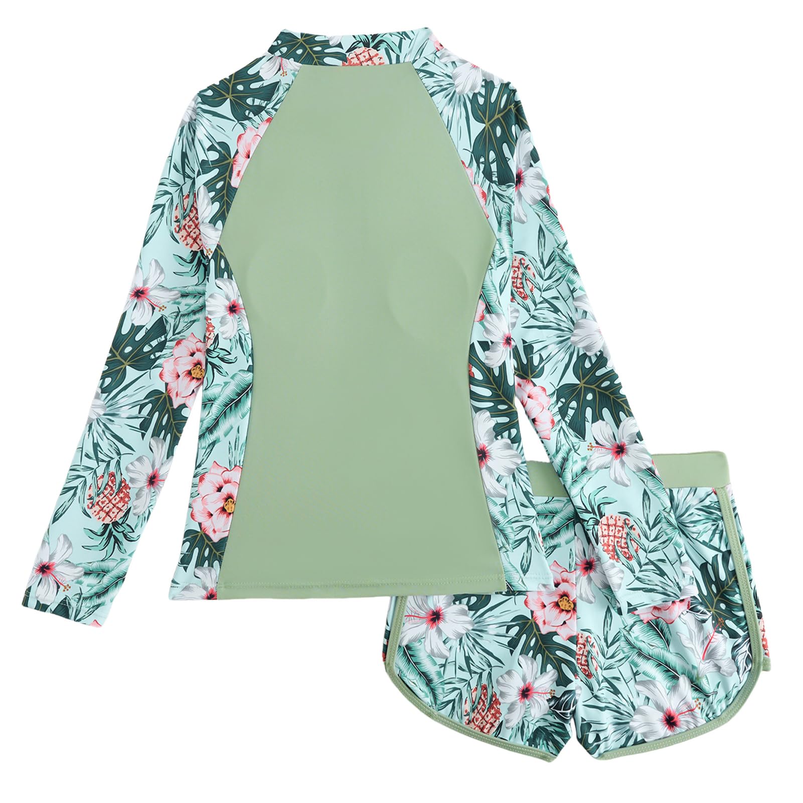 Odizli Badeanzug Mädchen Kinder Blumen Langarm Reissverschluss Badeshirt + Badeshorts Tankini Set