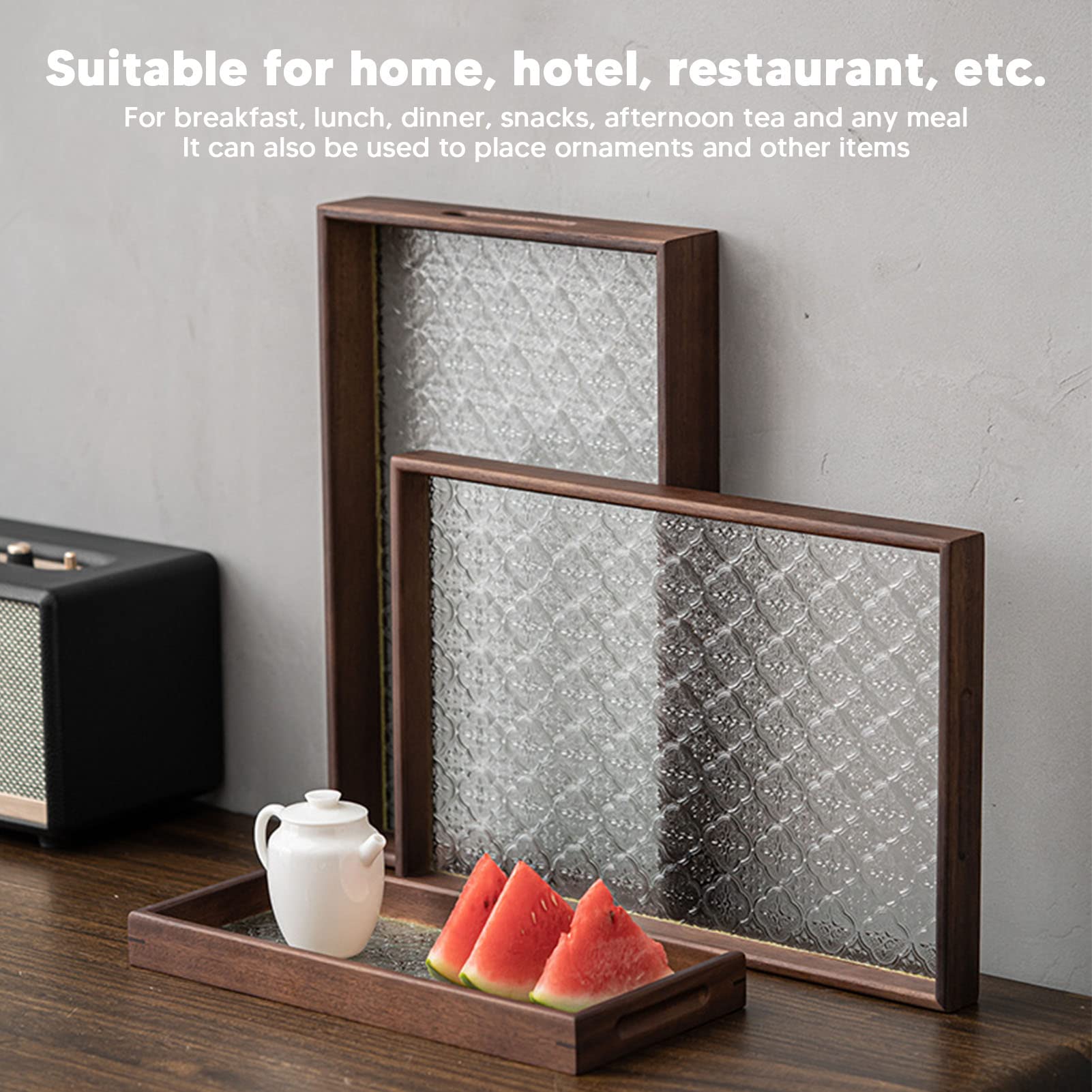 Bandeja de madera de nogal con asas, bandeja multiusos para desayuno, té y pasteles, para uso doméstico, hotel y restaurante, elegante y diseño