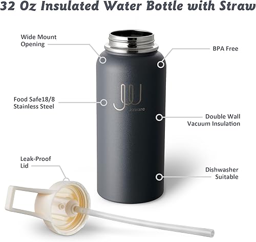 Miniatura 2 de Botella de agua aislada de 32 onzas con pajilla, frasco de agua deportivo de acero inoxidable con 3 tapas, vaso térmico de viaje a prueba de fugas,