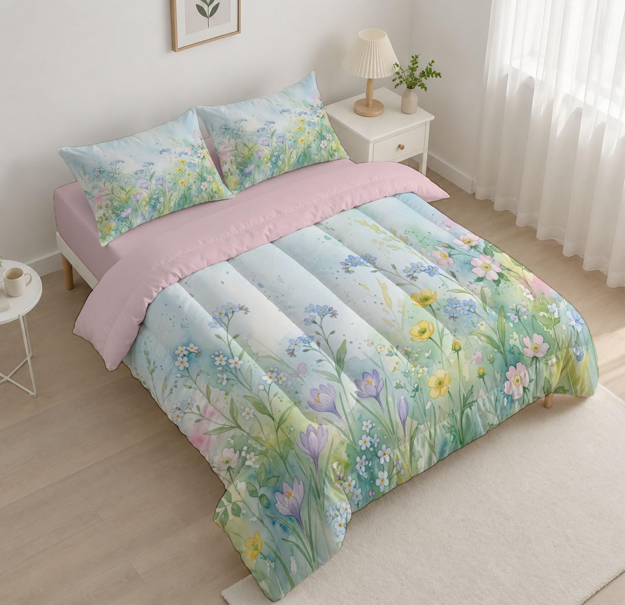 Trapunta Paesaggio Primaverile Fiori Selvatici, Piumino Matrimoniale 4 Stagioni | 200X200 Cm Con Federa 50X80, Piumone Leggero In Microfibra, Trapunta Reversibile Casa Piante Acquerello, Azzurro