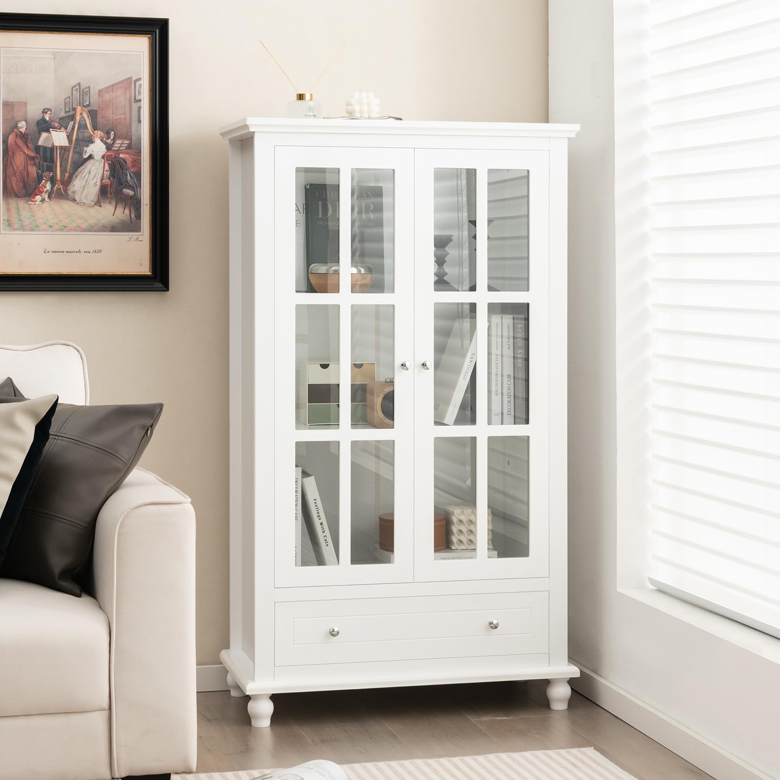 COSTWAY Vitrinas para Salon, Libreria con Puertas de Vidrio Templado, 3 Estantes Ajustables, 1 Cajón, Aparador Salon Cocina Oficina, Blanco, 80 x 40 x 139 cm