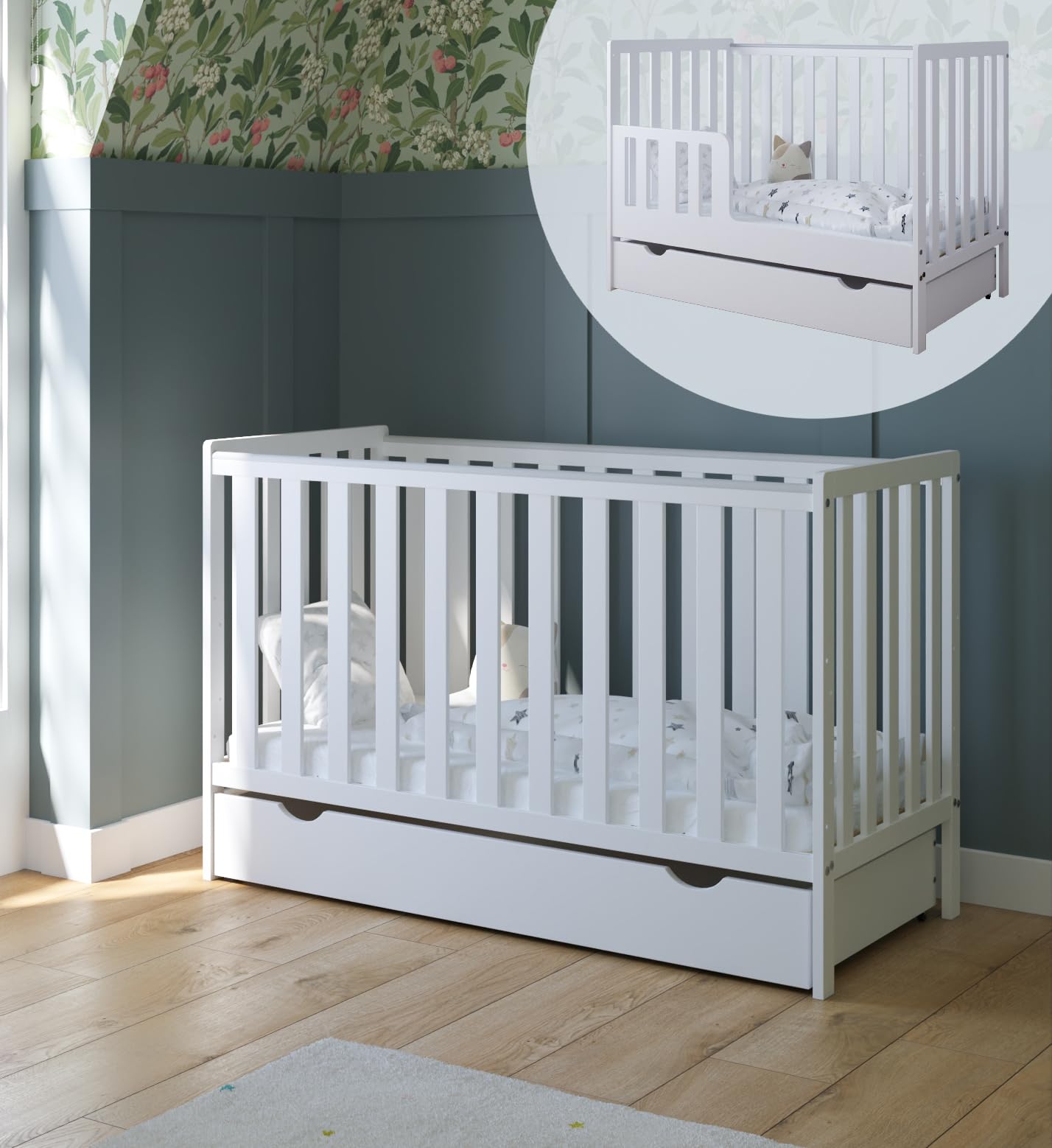 zee Bambi Cuna Bebé 120x60 cm Blanco Set con Cajón Y Barrera + Cómoda Cambiador Mueble Habitación Bebé Convertible En Cama Junior Cuna De Madera Resistente