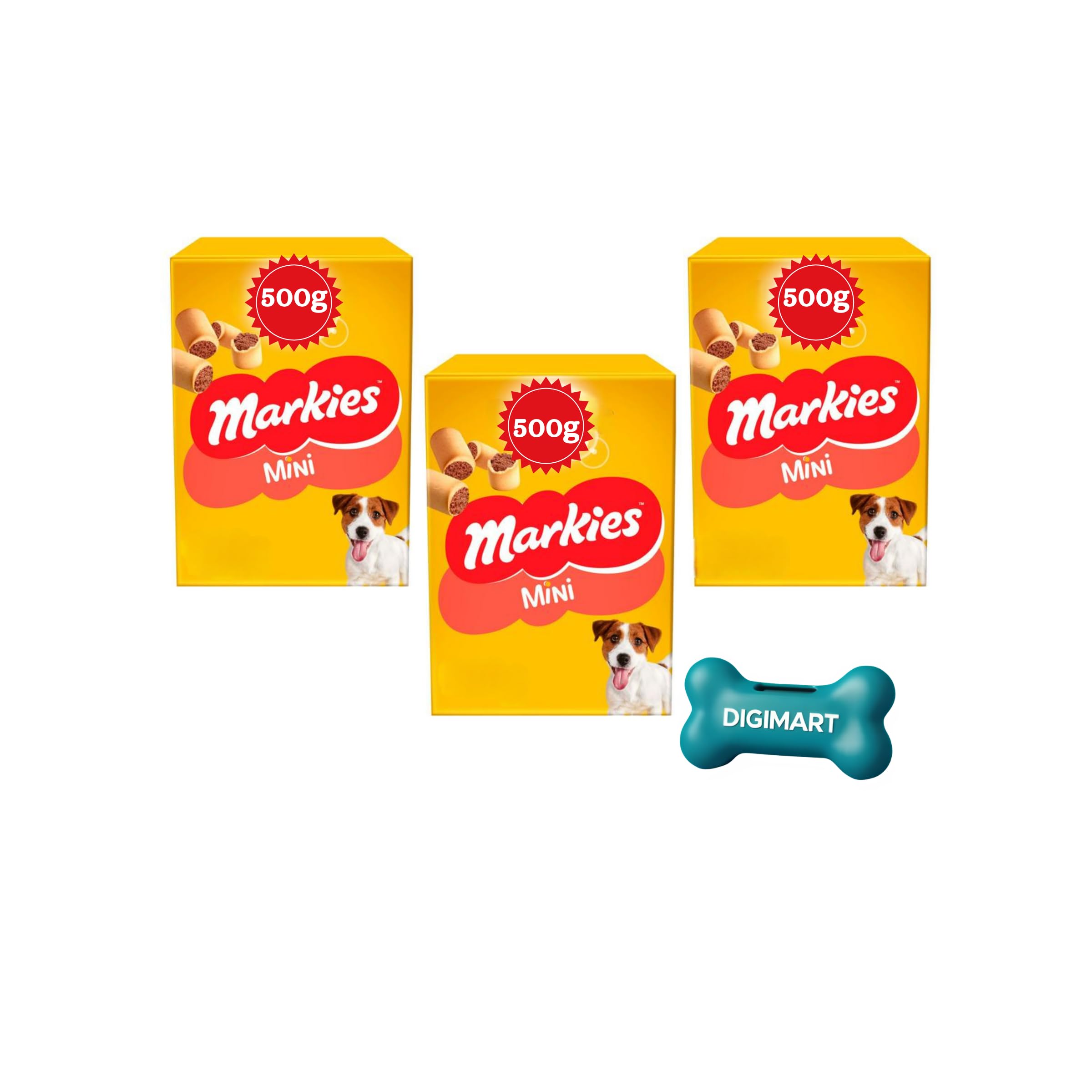 Markies Mini Dog Biscuits 3 × 500g Packs Crunchy Meat Filled Training Treats With DigiMart Poop Dispenser