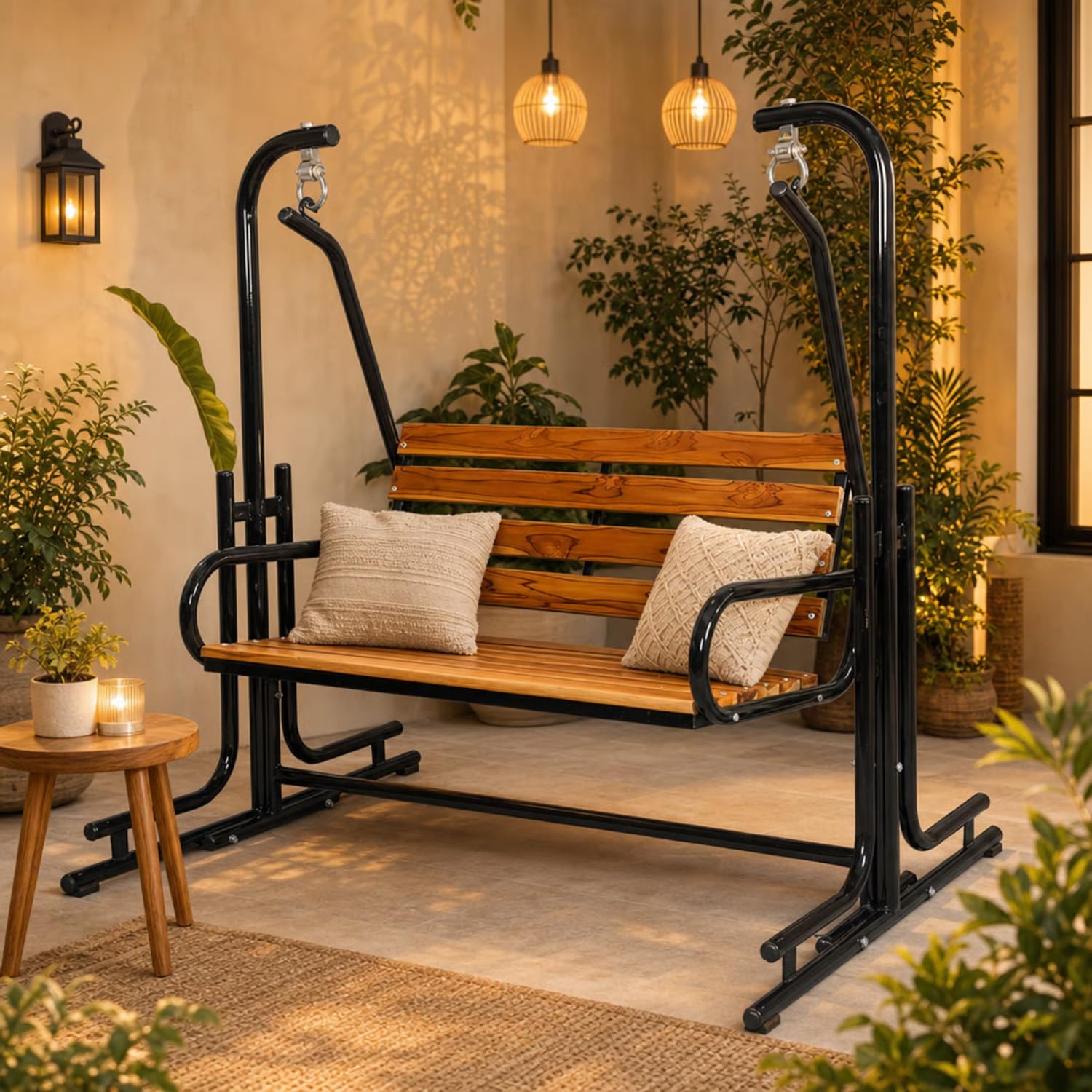Swing India 2-Seater Swing Jhula Indoor/Outdoor - Wooden Seat, 300 Kg Capacity with Iron Swing Frame (107 cm)-image-23