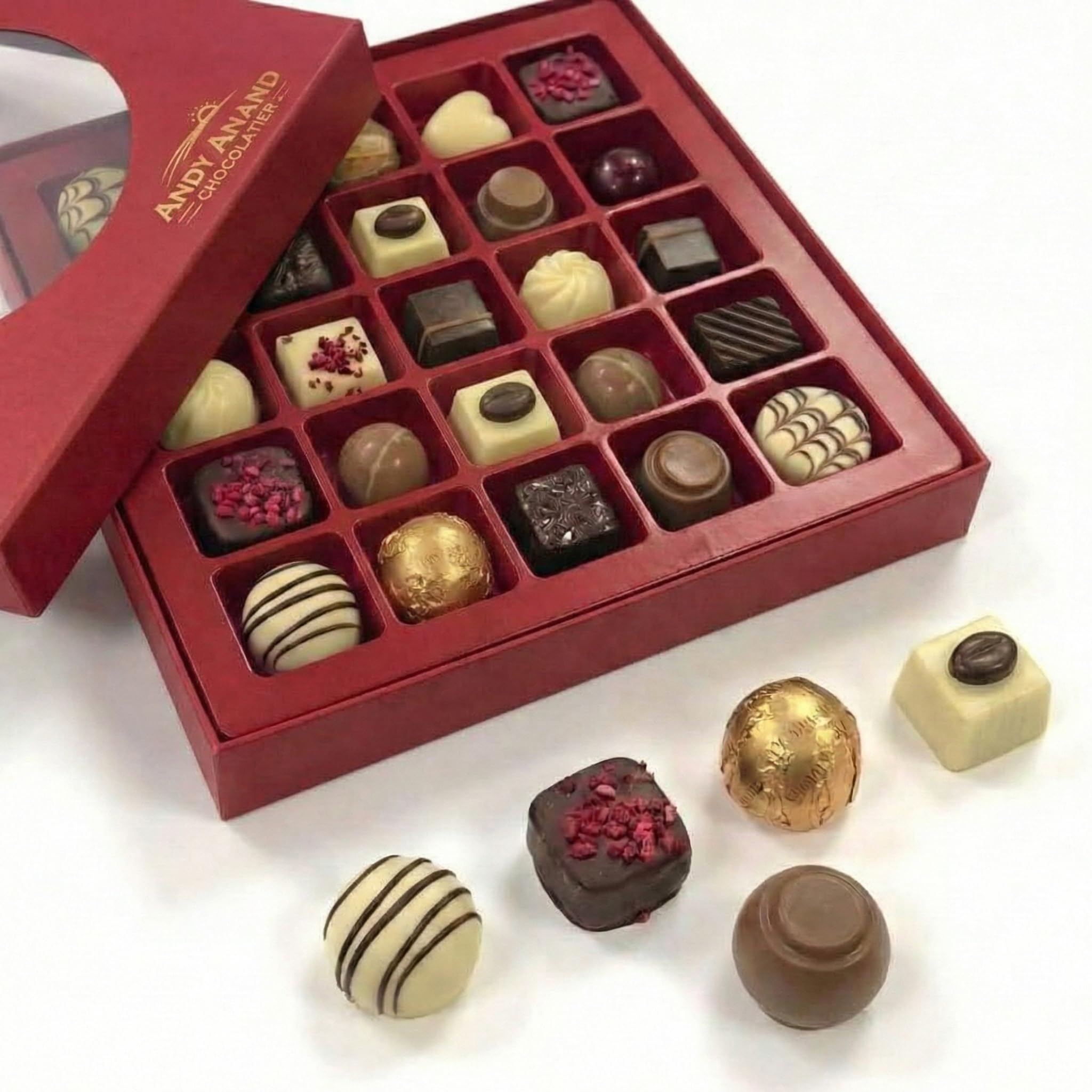ANDY ANAND CHOCOLATIER 25 Piece Premium Bon Bon Chocolate Collection Assortment, Truffles Gift Box – Exotic flavors, Pistachio Cream, Mint, Tiramisu and More