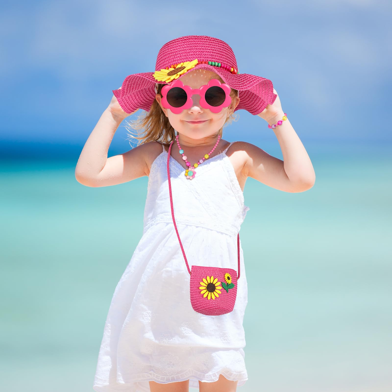 Sonnenhut Kinder Stroh Tasche, Mädchen Strohhut Set mit Kinderschmuck Sonnenbrille, Sommerhut Umhängetasche Mädchen Strohhüte mit Blumendekoration Sommer Strandhut Sonnenhüte