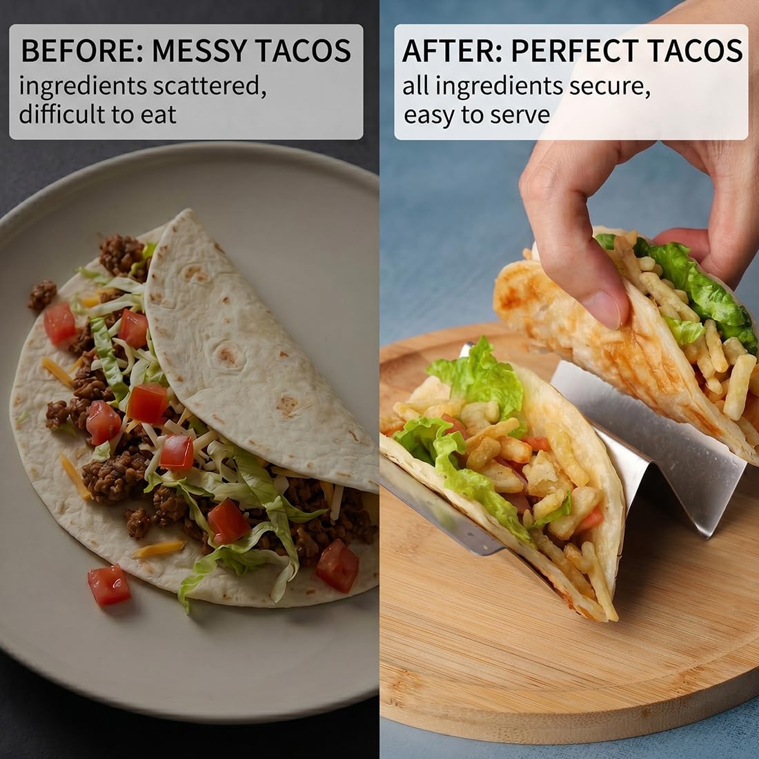 Porta Tacos 2 Pezzi Acciaio Inossidabile, Supporto Verticale Resistente Forno e Lavastoviglie, Mantiene Tacos, Burritos e Fajitas perfetti per Feste e Cene.