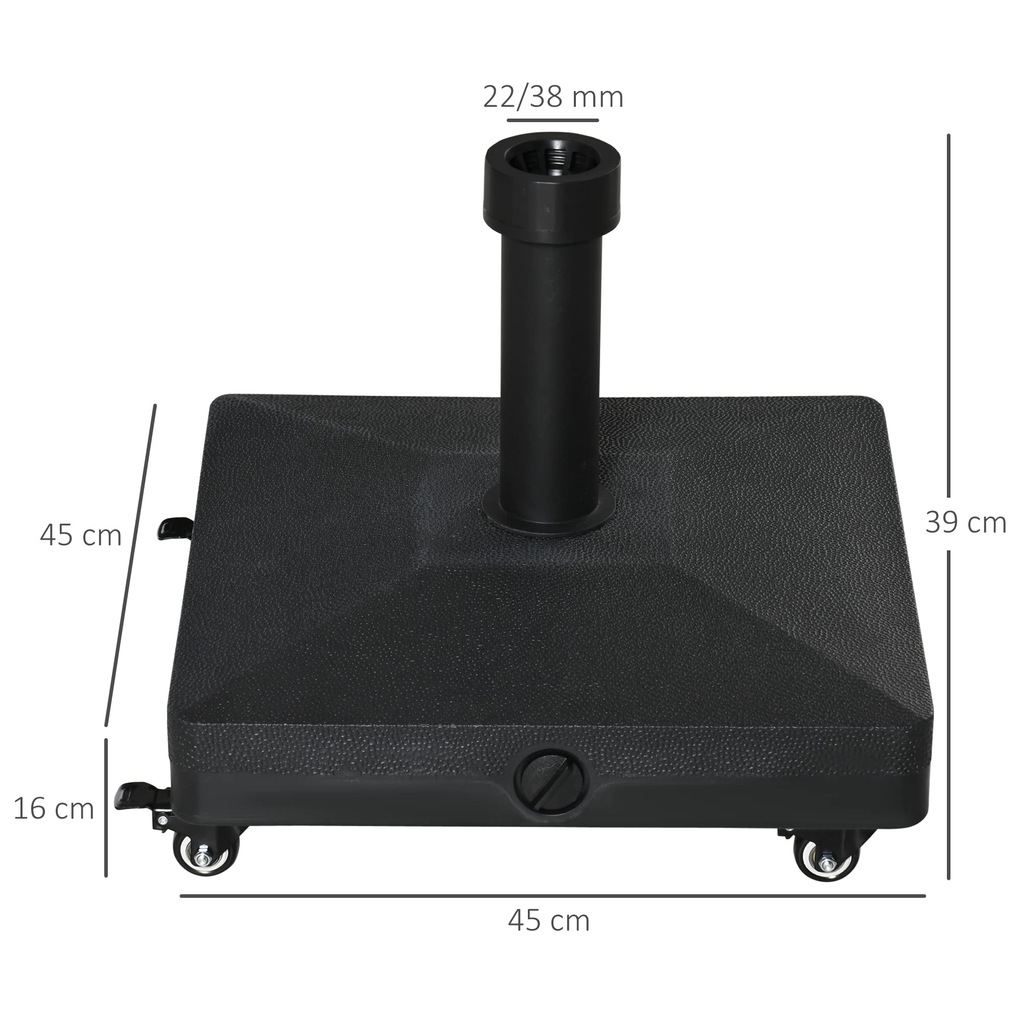 Outsunny Pied de Parasol Base de lestage Parasol carré 4 roulettes dim. 45L x 45l x 39H cm HDPE Noir
