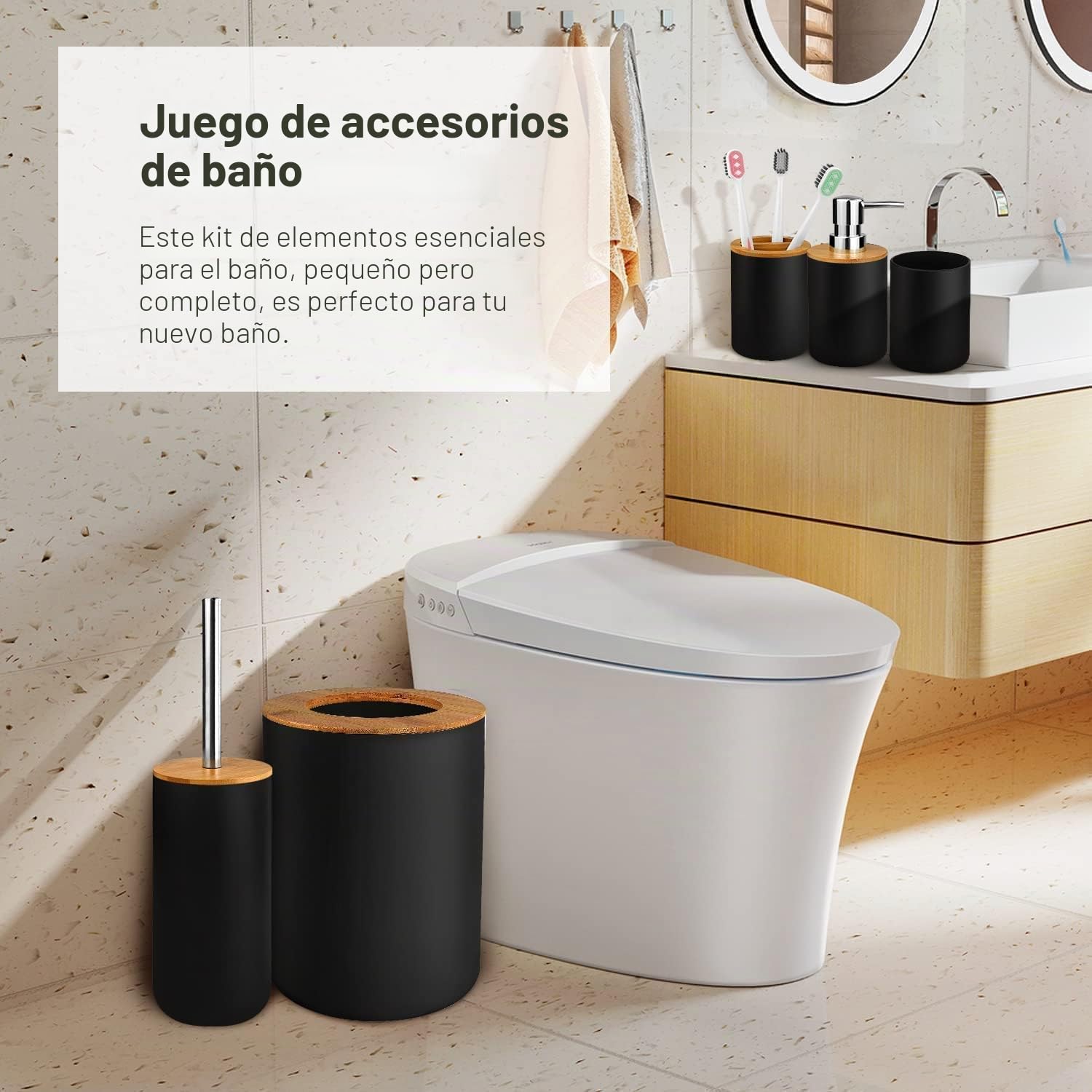 de Accesorios de baño de bambú de 6 Piezas: jabonera, Soporte para Cepillo de Dientes, de Enjuague, Botella de loción, de Basura, Cepillo de Inodoro, para el lavadero del hogar, Negro