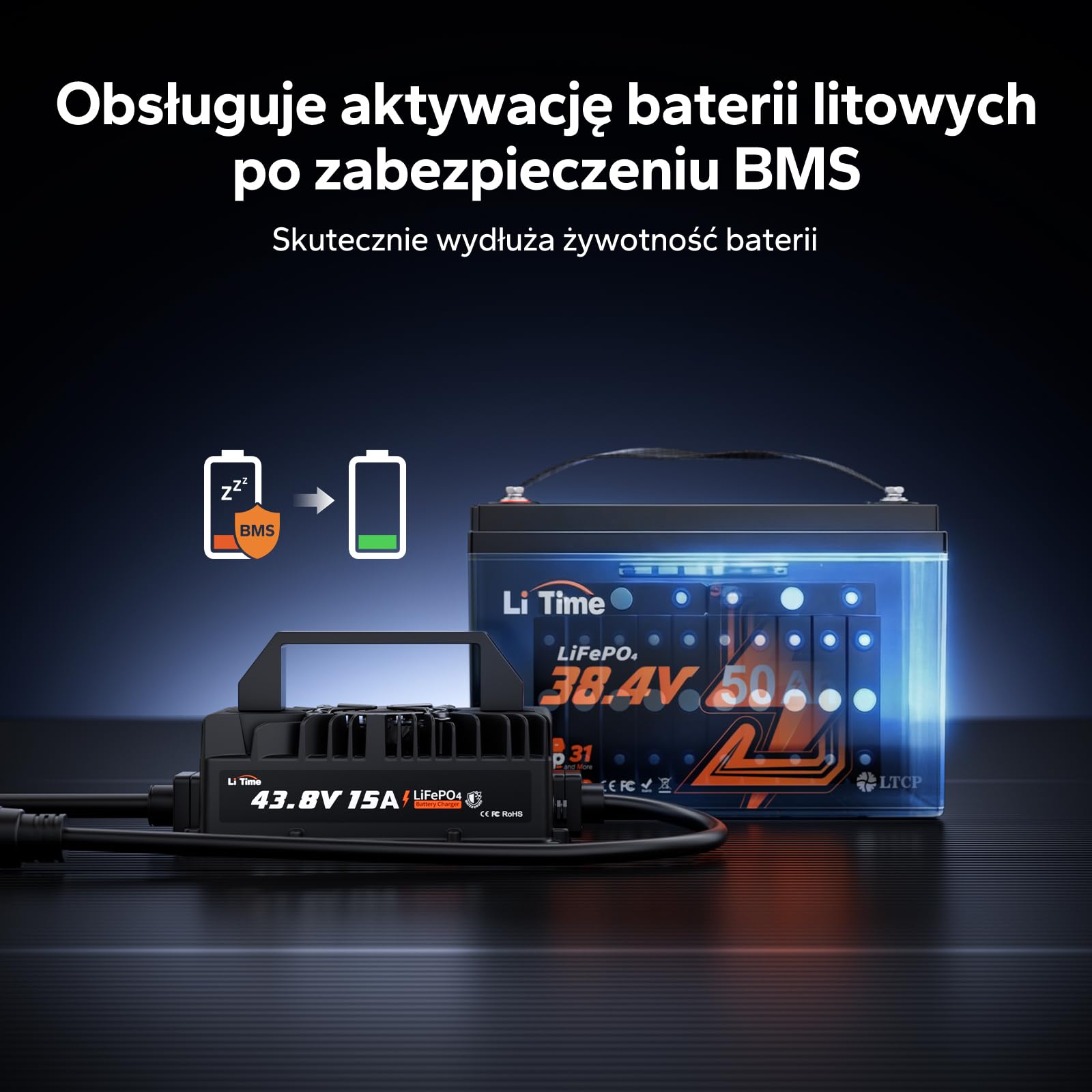 LiTime 36V 15A LiFePO4 ładowarka litowa 43,8V, wodoszczelność IP66, z aktywacją baterii, wskaźnik LED, inteligentna 3-stopniowa ładowarka do wózków golfowych, kamperów, łodzi