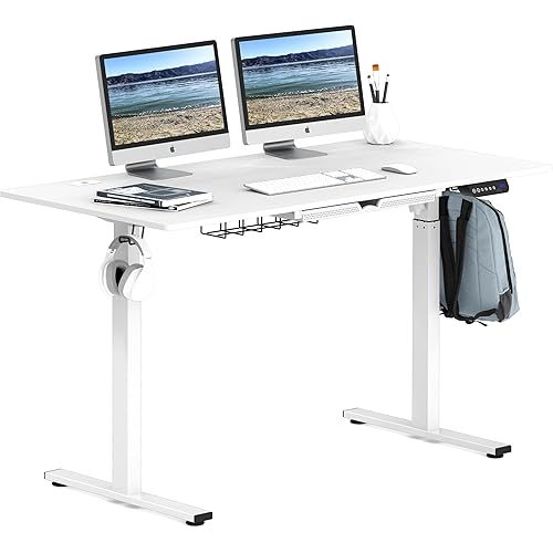 SHW 55 x 28 Inches Electric Height Adjustable Standing Desk with Drawer and Memory Preset, White