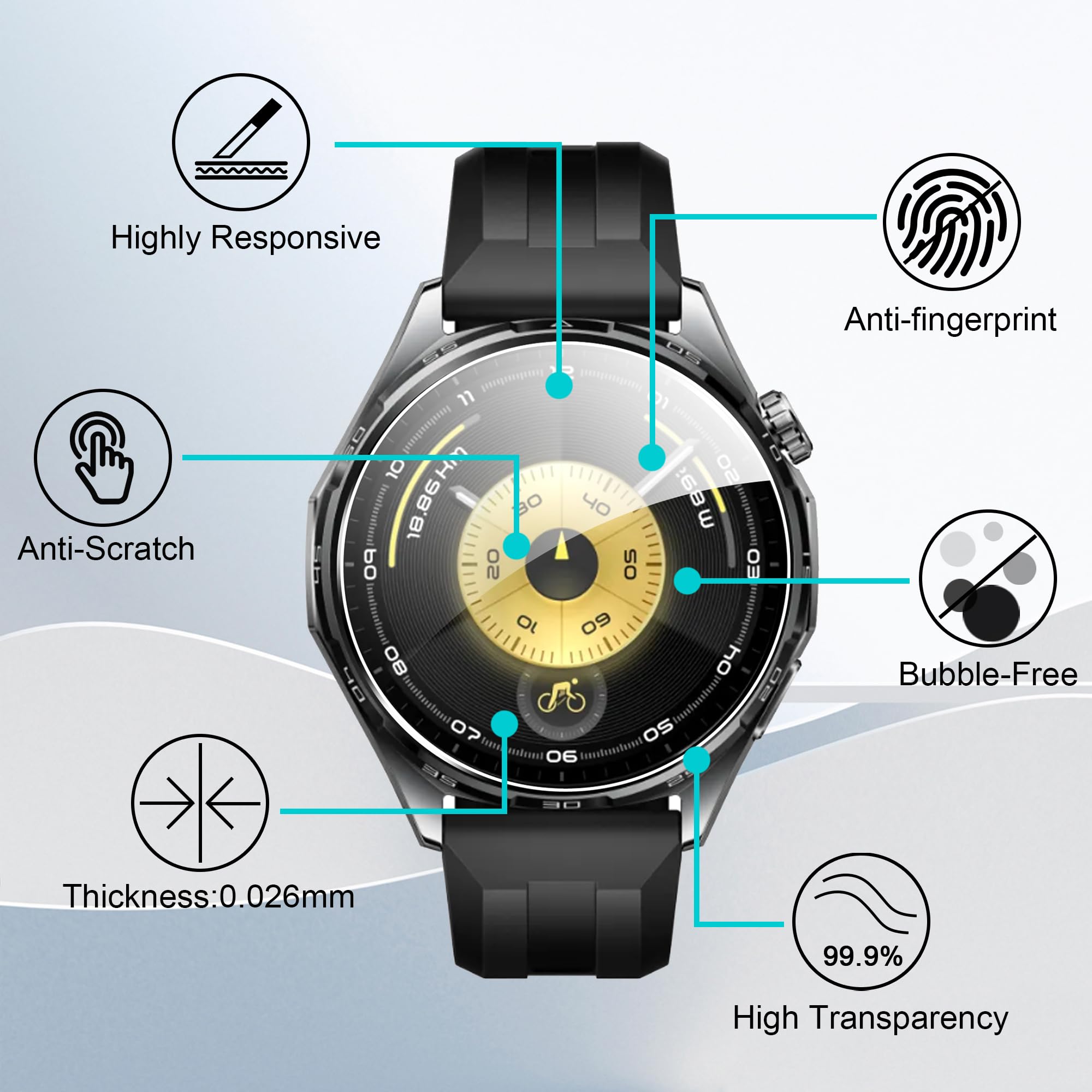 3 Pack Cristal Templado para Huawei watch GT 6 46mm Protector de Pantalla con marco de posición, HD Vidrio Templado [ Anti-arañazo] [ Sin Burbujas] fácil instalación