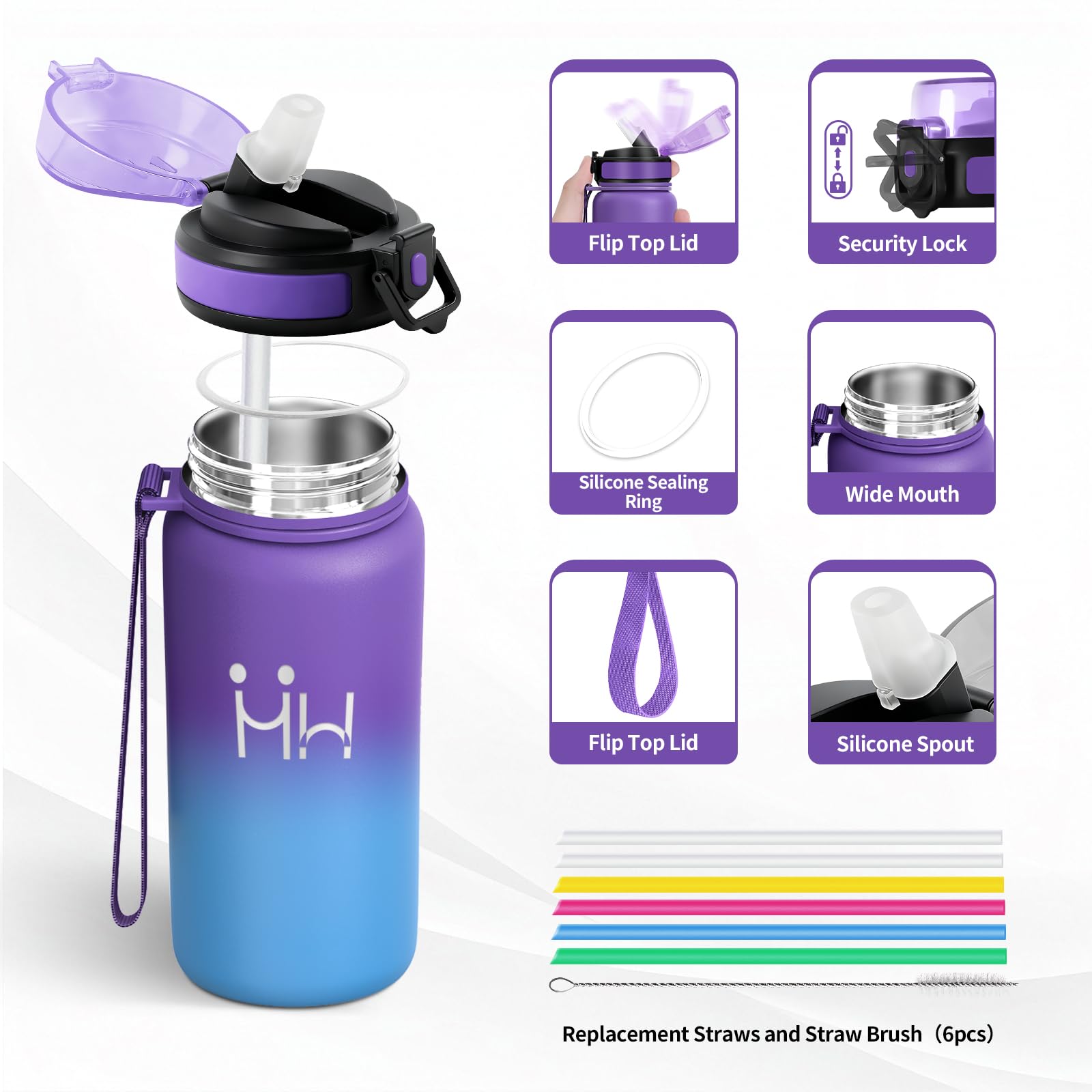 Thermosflasche mit Strohhalm 500ml, Trinkflasche Edelstahl Kohlensäure Geeignet, BPA-Frei, Isolierflasche Einhandöffnung, Auslaufsicher Doppelwandig, Wasserflasche für Camping, Junge, Maedchen, Schule - 3