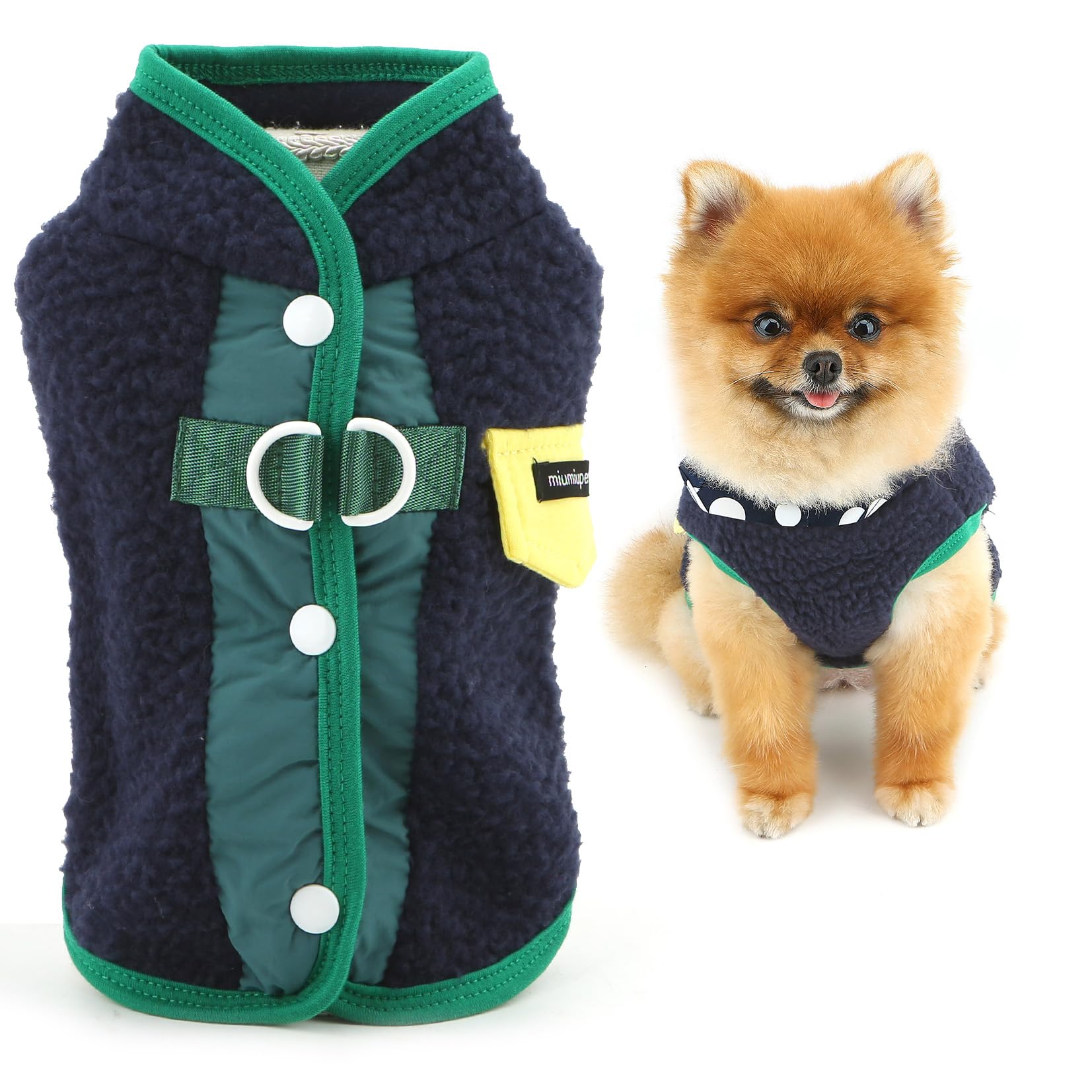 SMALLLEE_LUCKY_STORE Fuzzy Fleece Dog Jumper for Extra Small Dogs Patchwork Warm Sweater Puppy Vest Coat with Double D-Ring Turtleneck Winter Autumn Clothes for Chihuahua Yorkshire Navy Blue M