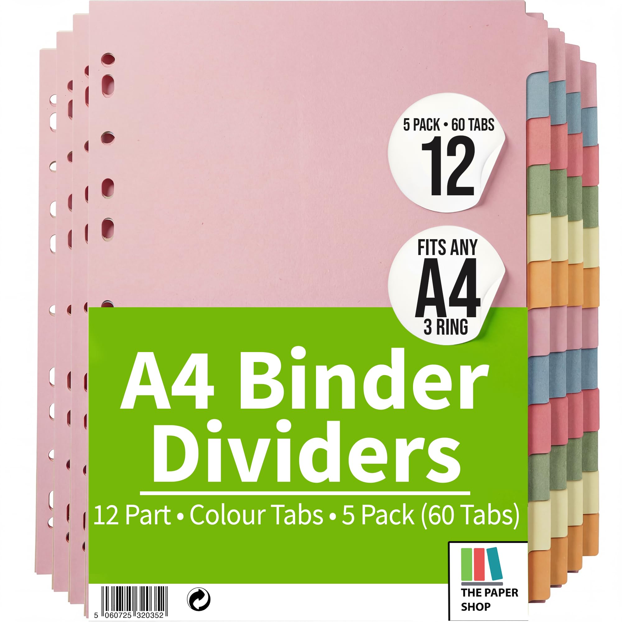 The Paper Shop 12 Tab Dividers for 3 Ring Binder - A4 (5 Pack) | Write-On Binder Dividers with Tabs for Office School &amp; Home | Coloured Index Tabs, Blank &amp; Writeable | Aesthetic 60-Tab 5-Pack