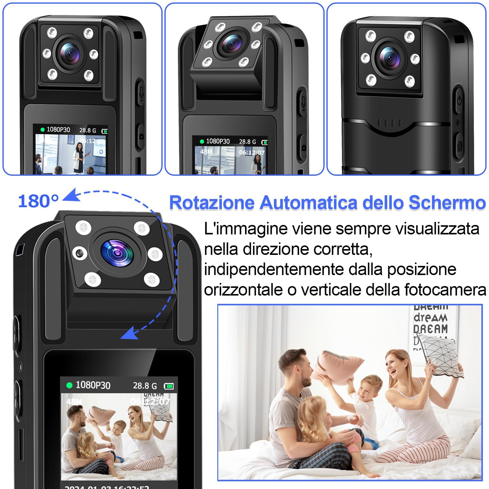 SecuraLen 1080P HD Body Camera, 120° Wide Angle, Body Cameras with Audio and Video Recording, 180° Rotating Lens Night Vision, Small Camera, Long Operating Time