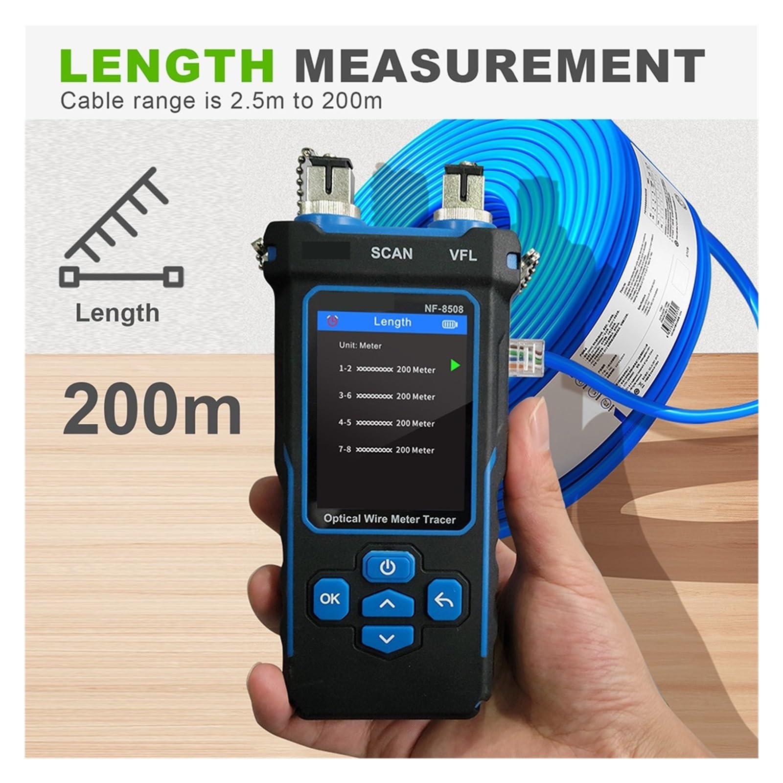 NF-8508 Misuratore di Potenza Ottica da Cintura Display LCD Misura Lunghezza Wiremap Localizzatore di Cavi e Tester di Cavi di Rete