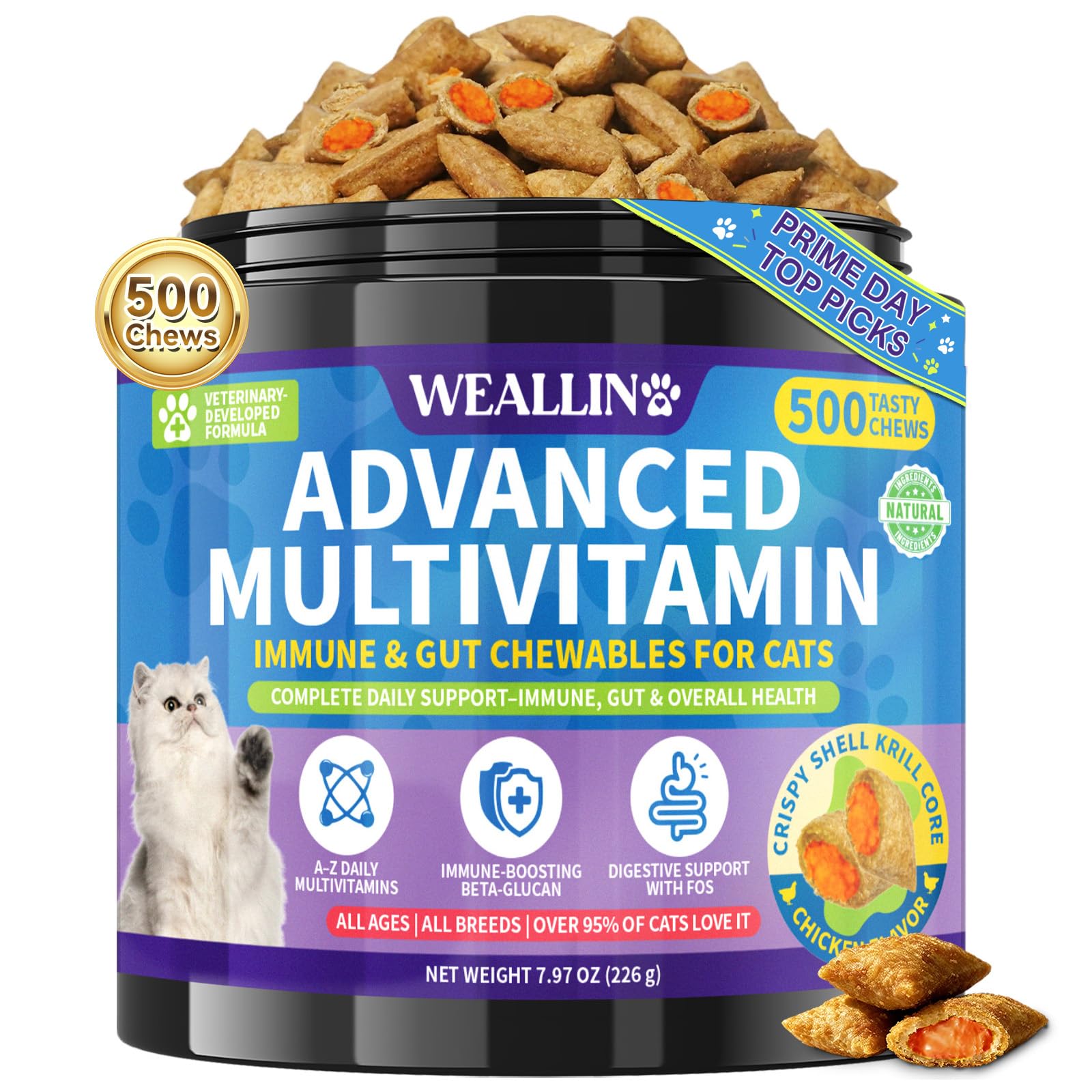 Taurine for Cats Vitamins Treats, 18 in 1 Cat Multivitamins Treats 500 Crunchy & Krill Chews Cat Vitamins with Taurine Supplements for Heart Vision Immune Digestion Skin & Coat Support for All Ages