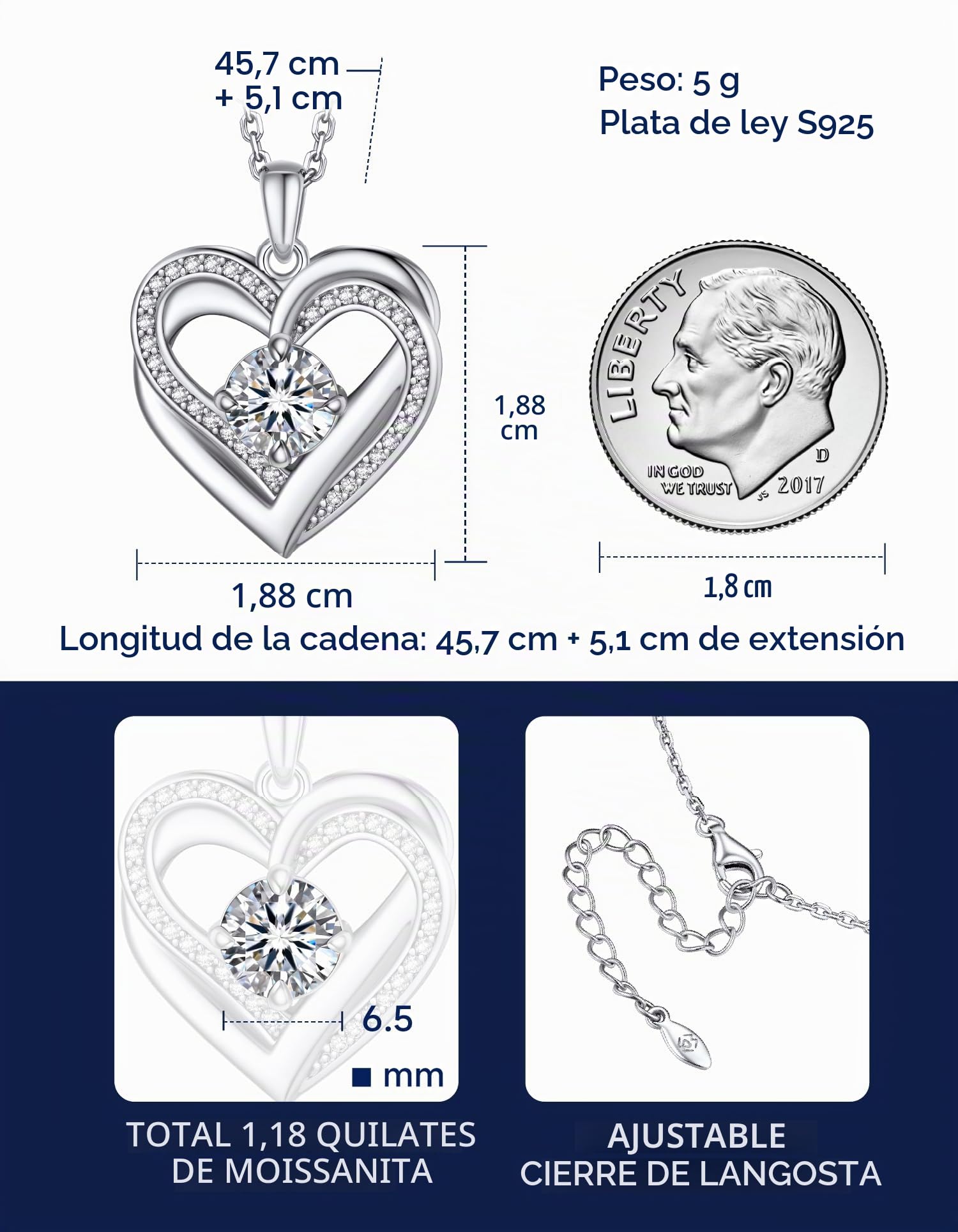 MomentWish Collar para Mujer, 1 Quilate Moissanite Corazón de Plata 925 Colgante Cadena con Diamante Regalo para Mujer Novia Madre