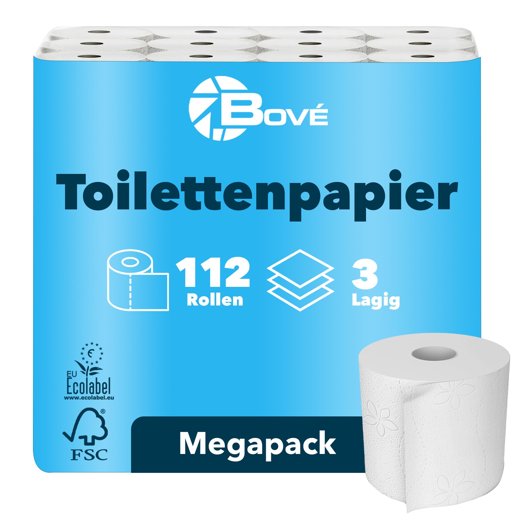 BOVE Toilettenpapier 3-lagig 112 Rollen Megapackung - 250 Blatt pro Rolle - Extra Weich, Stark & Saugstark - FSC & EU Ecolabel Zertifiziert - Preis-Leistungs-Knaller