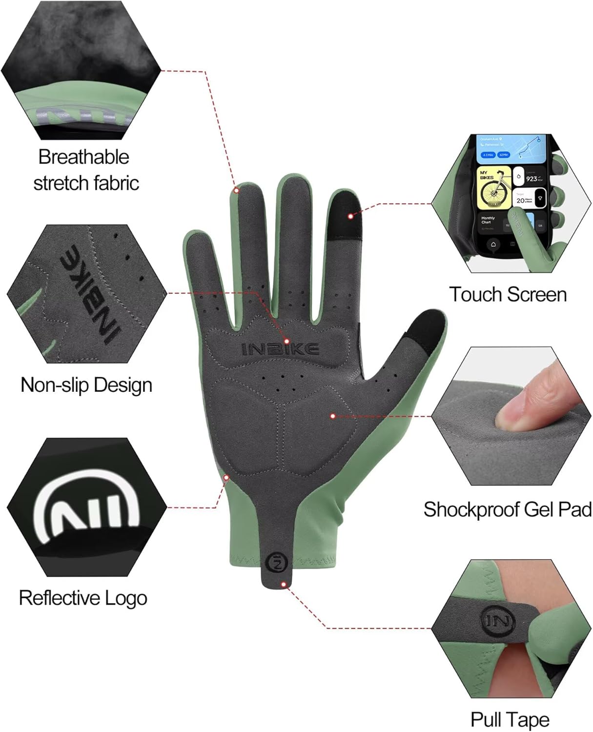 INBIKE Breathable Bike Gloves for Men Women, Full Finger Pad Cycling Gloves, Touchscreen Reflective Mountain Biking Bicycle - Image 2